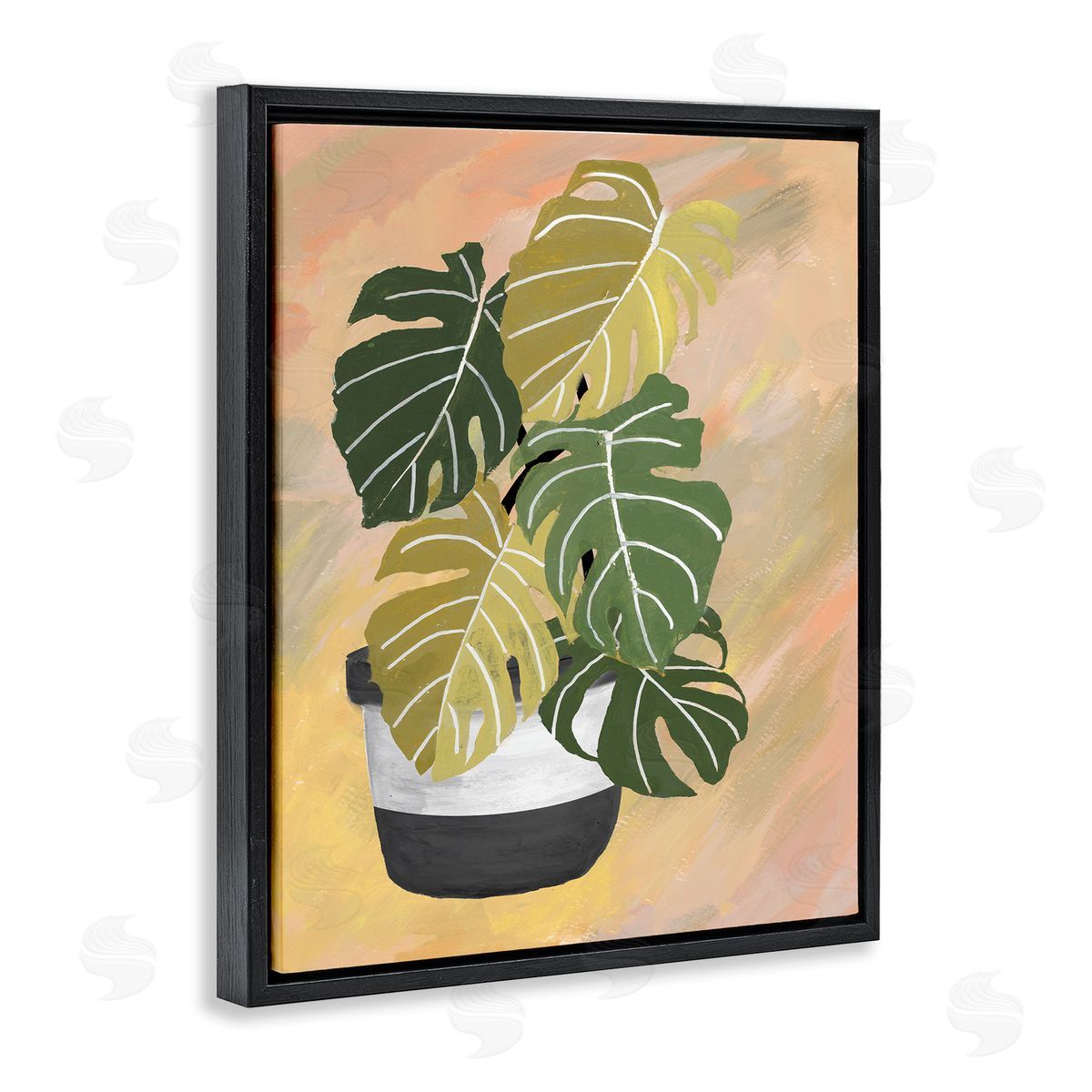 Patricia Pinto Unique Leaf Plant Tropical Monstera Over Abstract Black Floater Frame Canvas Art