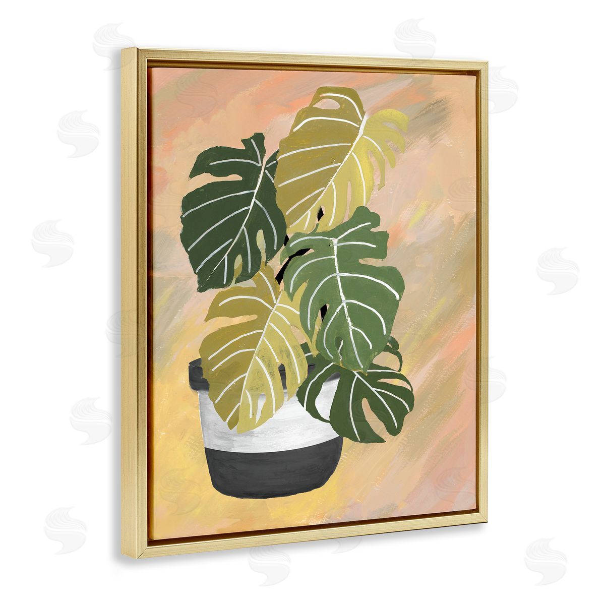 Patricia Pinto Unique Leaf Plant Tropical Monstera Over Abstract Gold Floater Frame Canvas Art