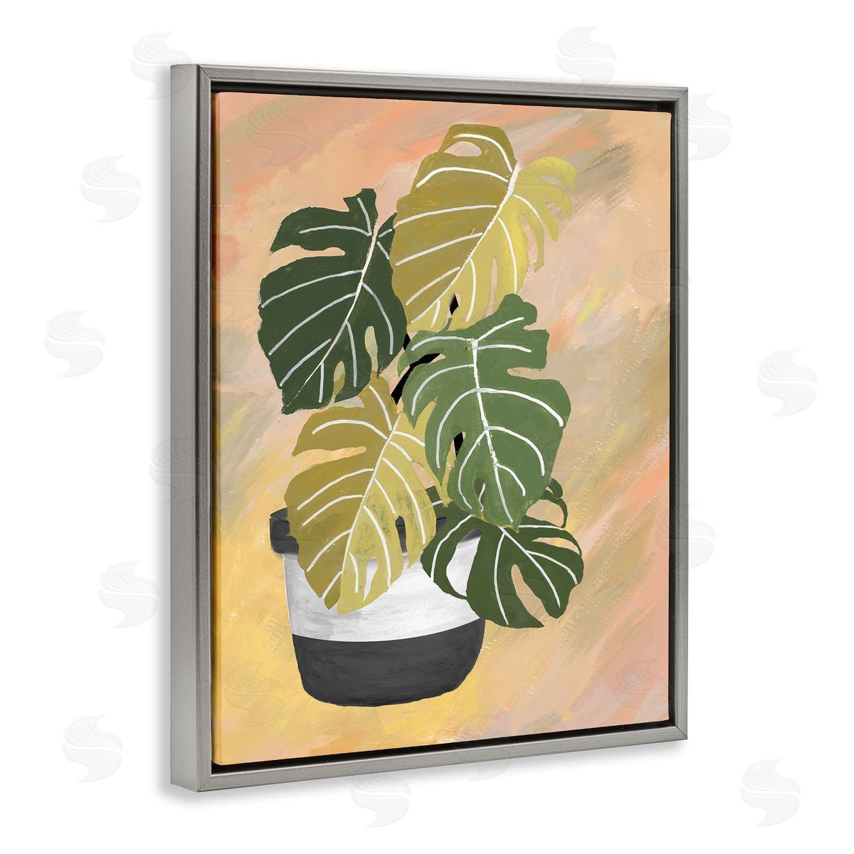 Patricia Pinto Unique Leaf Plant Tropical Monstera Over Abstract Gray Floater Frame Canvas Art