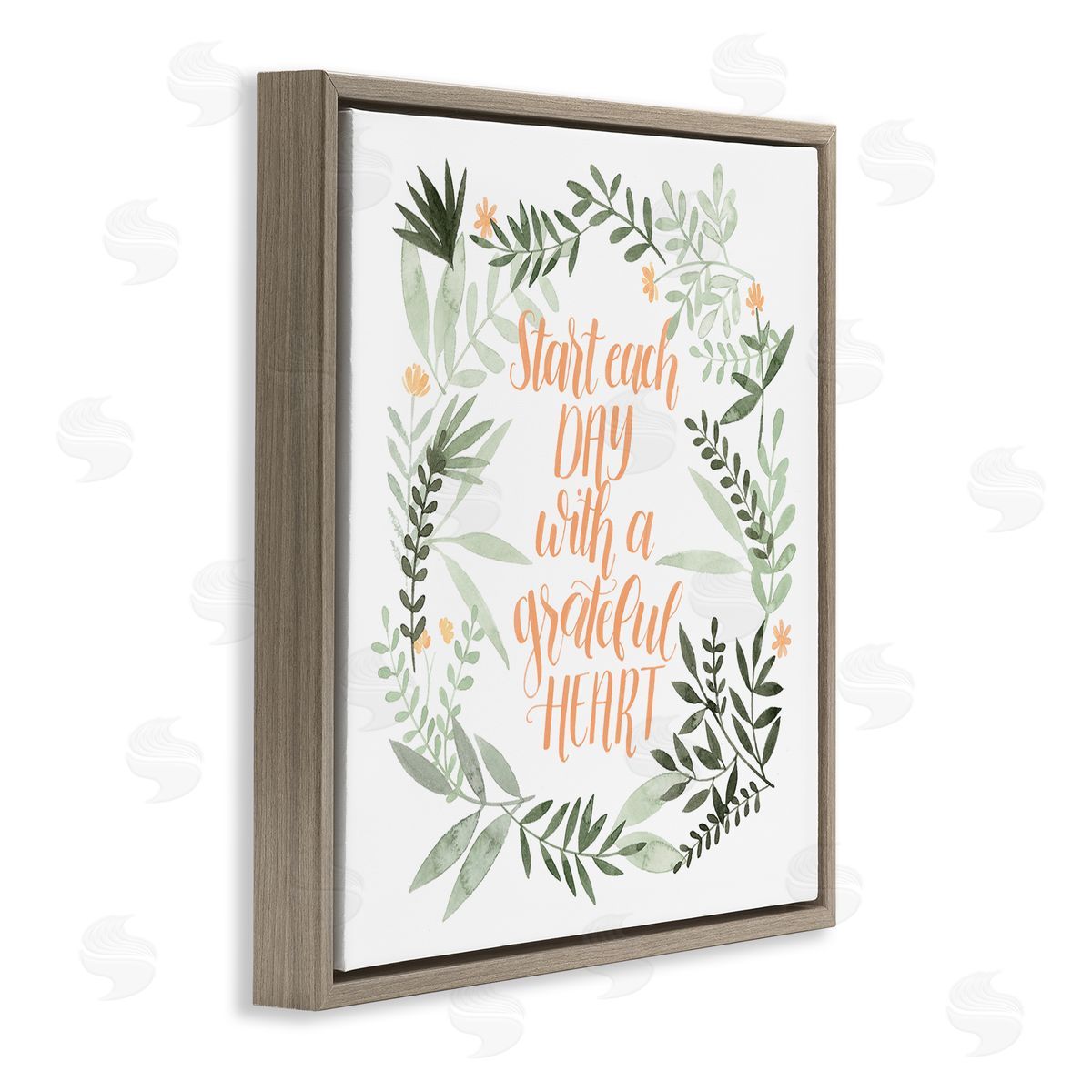 Grace Popp Grateful Heart Phrase Soft Green Floral Plants Brown Floater Frame Canvas Art