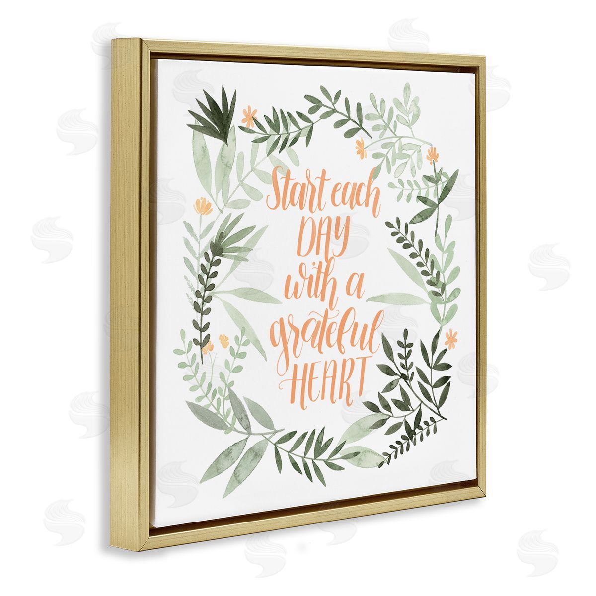 Grace Popp Grateful Heart Phrase Soft Green Floral Plants Gold Floater Frame Canvas Art