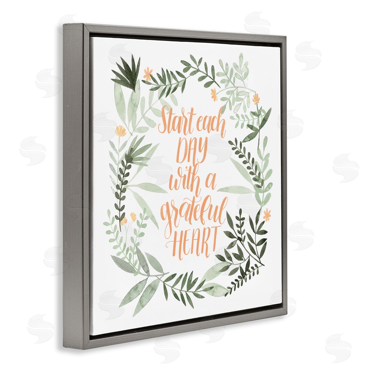 Grace Popp Grateful Heart Phrase Soft Green Floral Plants Gray Floater Frame Canvas Art