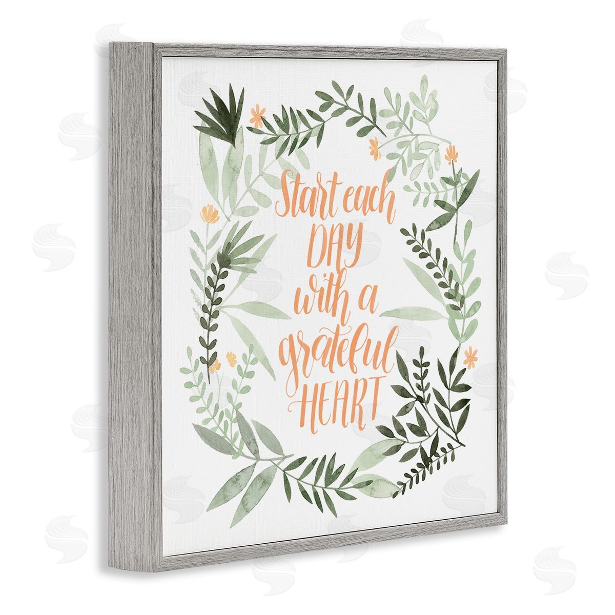 Grace Popp Grateful Heart Phrase Soft Green Floral Plants Gray Framed Giclee Wall Art