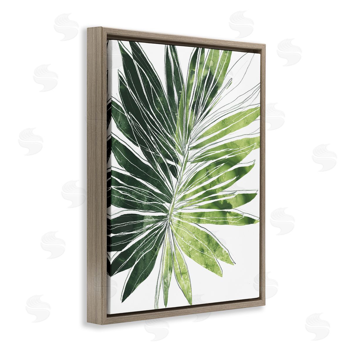 June Erica Vess Green Pop Palm Leaves Expressive Linework Brown Floater Frame Canvas Art