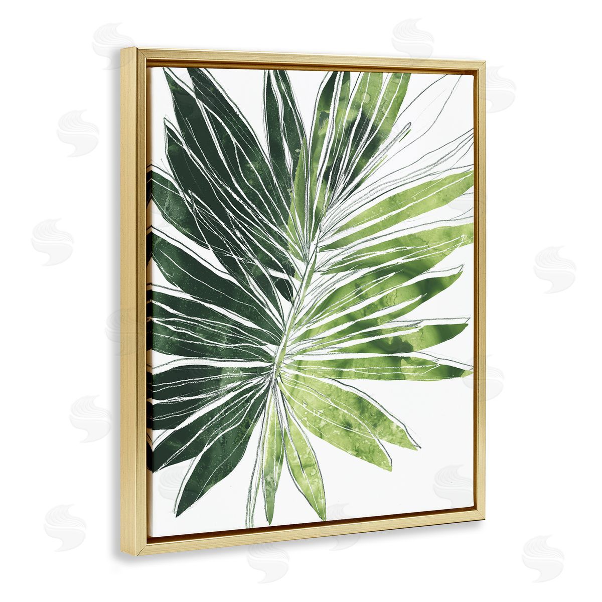 June Erica Vess Green Pop Palm Leaves Expressive Linework Gold Floater Frame Canvas Art