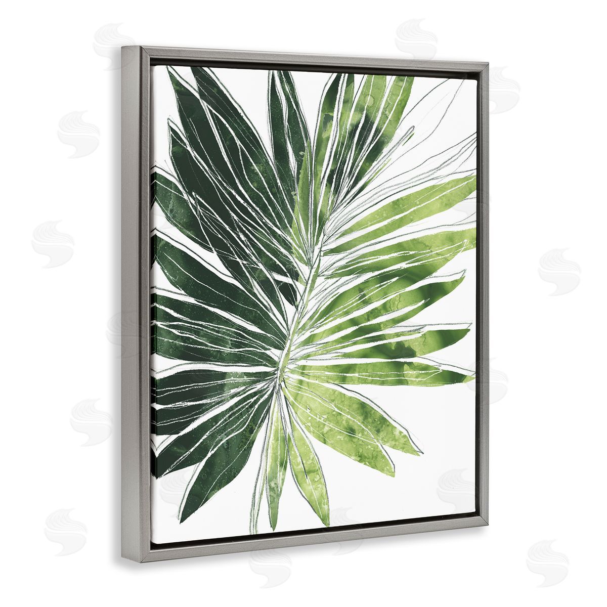 June Erica Vess Green Pop Palm Leaves Expressive Linework Gray Floater Frame Canvas Art