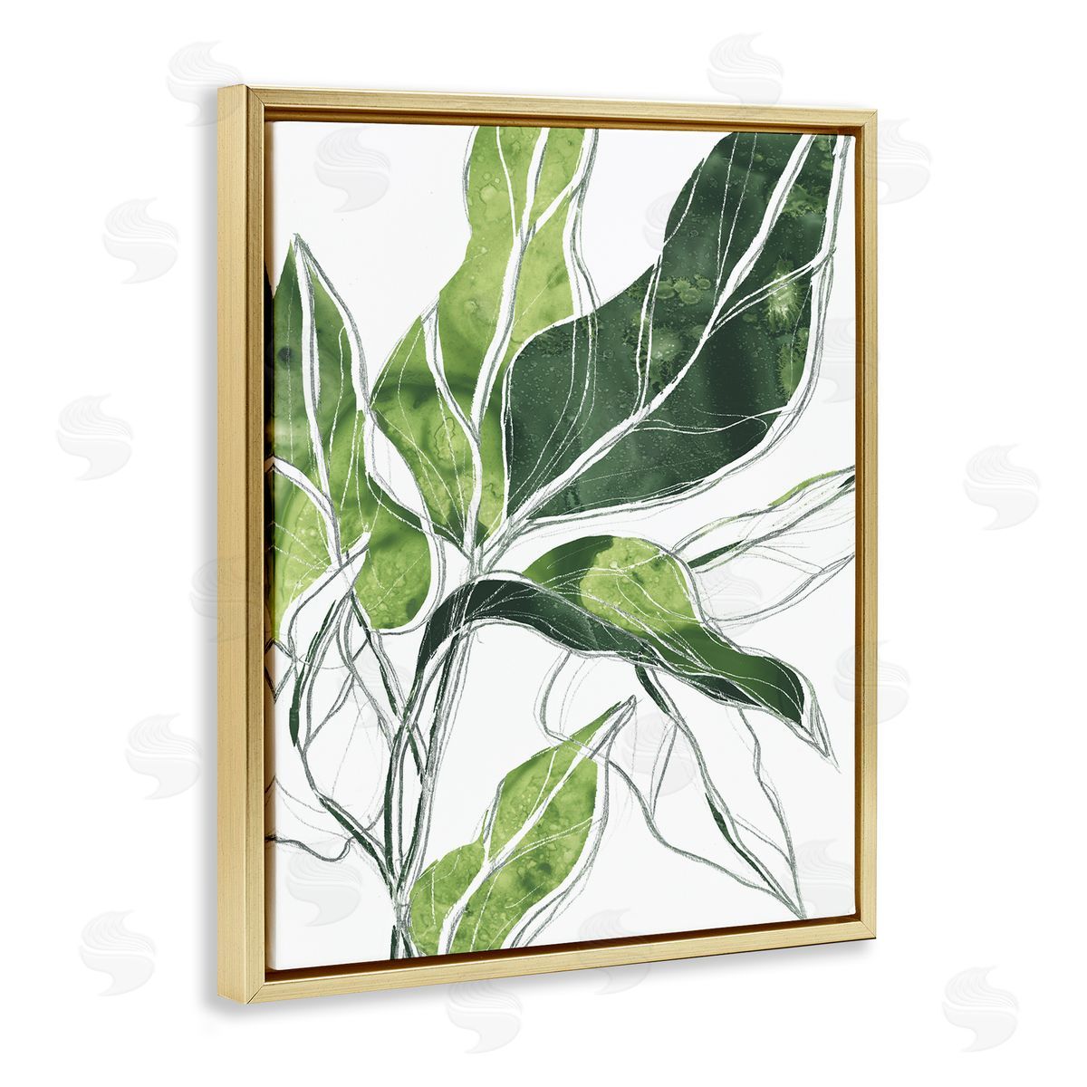Expressive Palm Leaf Linework Gold Floating Frame Canvas Wall Art, Home Decor by June Erica Vess