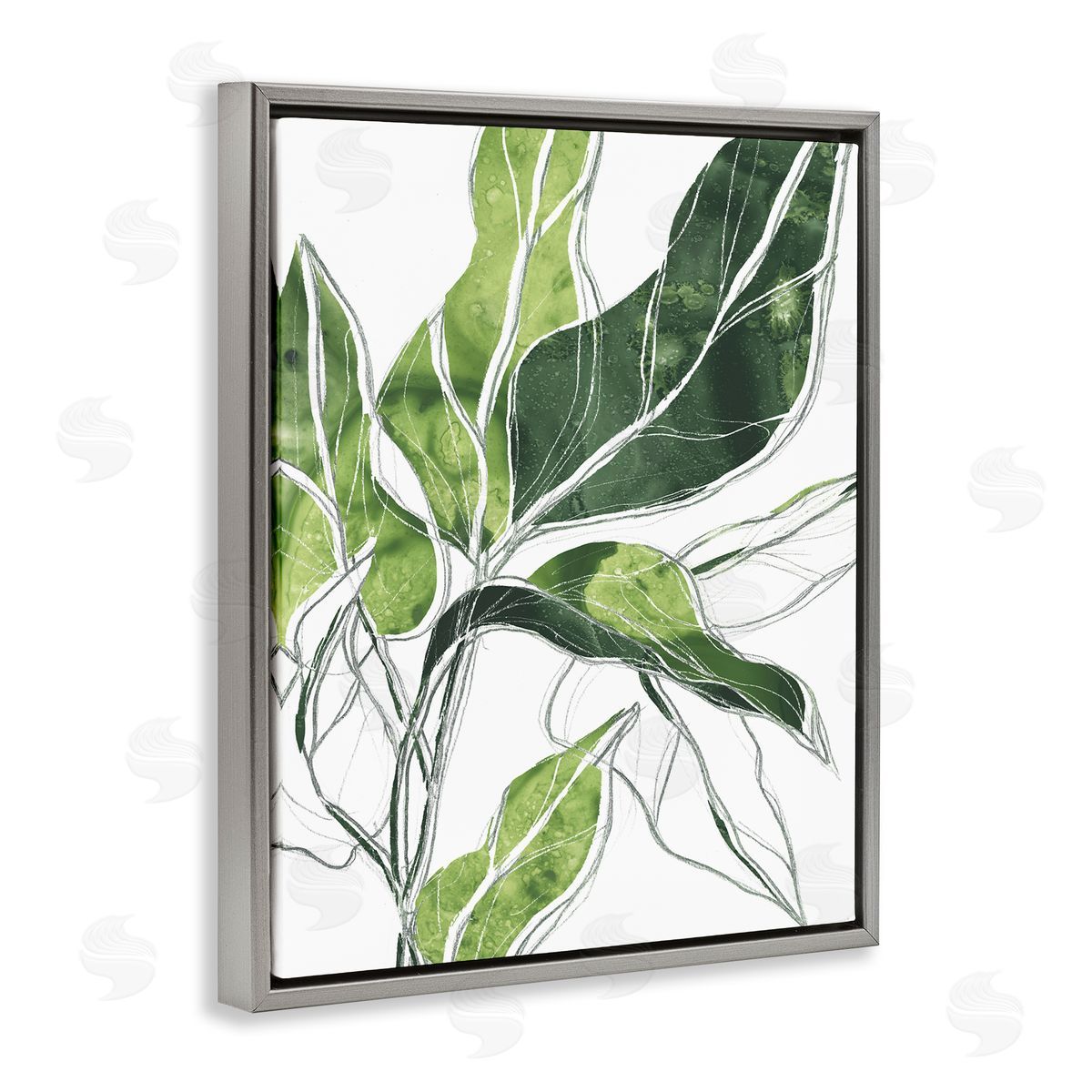 Expressive Palm Leaf Linework Grey Floating Frame Canvas Wall Art, Home Decor by June Erica Vess