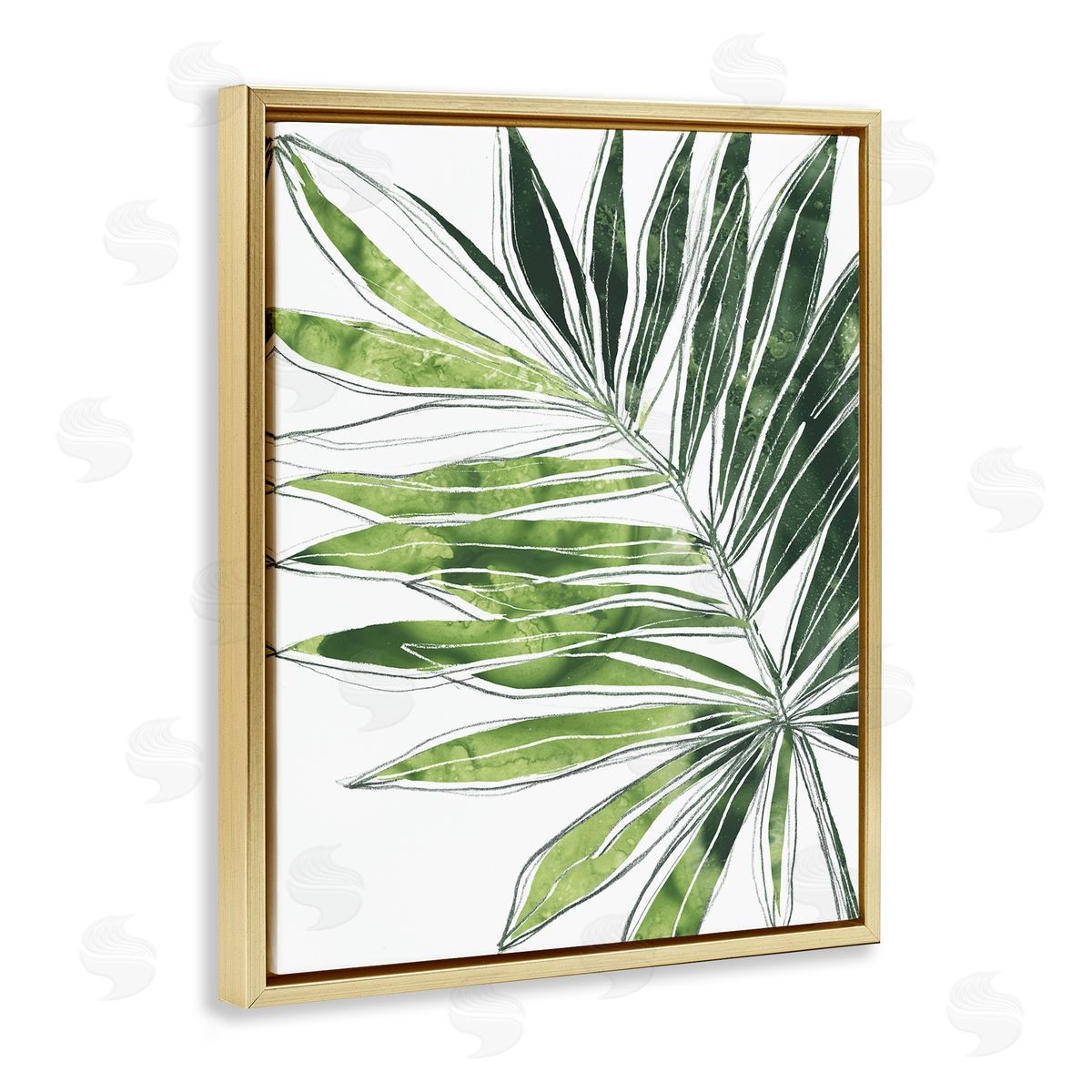 June Erica Vess Tropical Green Plant Expressive Palm Linework Gold Floater Frame Canvas Art