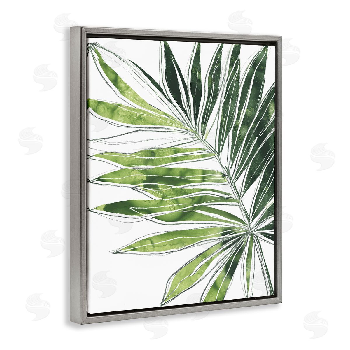 June Erica Vess Tropical Green Plant Expressive Palm Linework Gray Floater Frame Canvas Art