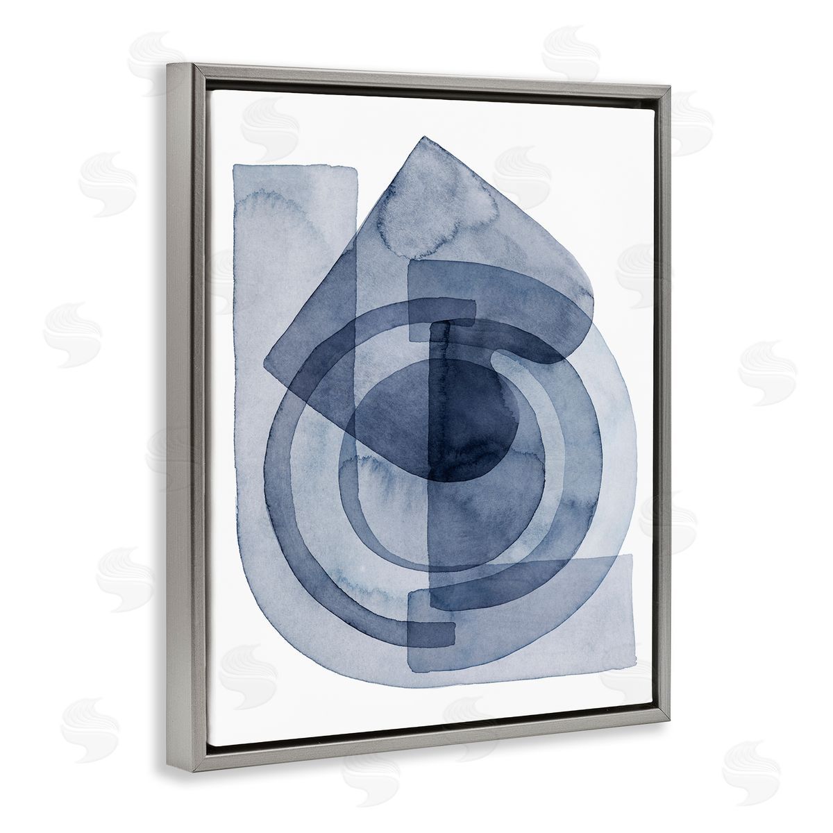 Grace Popp Layered Blue Opaque Shapes Central Circle Abstract Gray Floater Frame Canvas Art