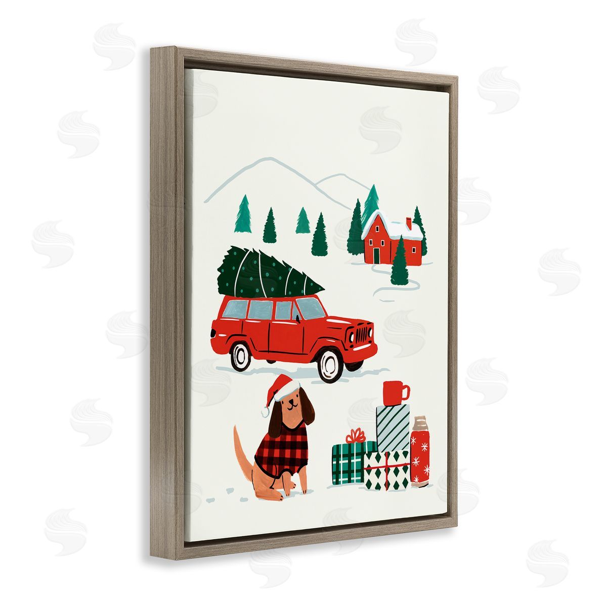 Victoria Barnes Vintage Red Car Christmas Festive Santa Dog Brown Floater Frame Canvas Art