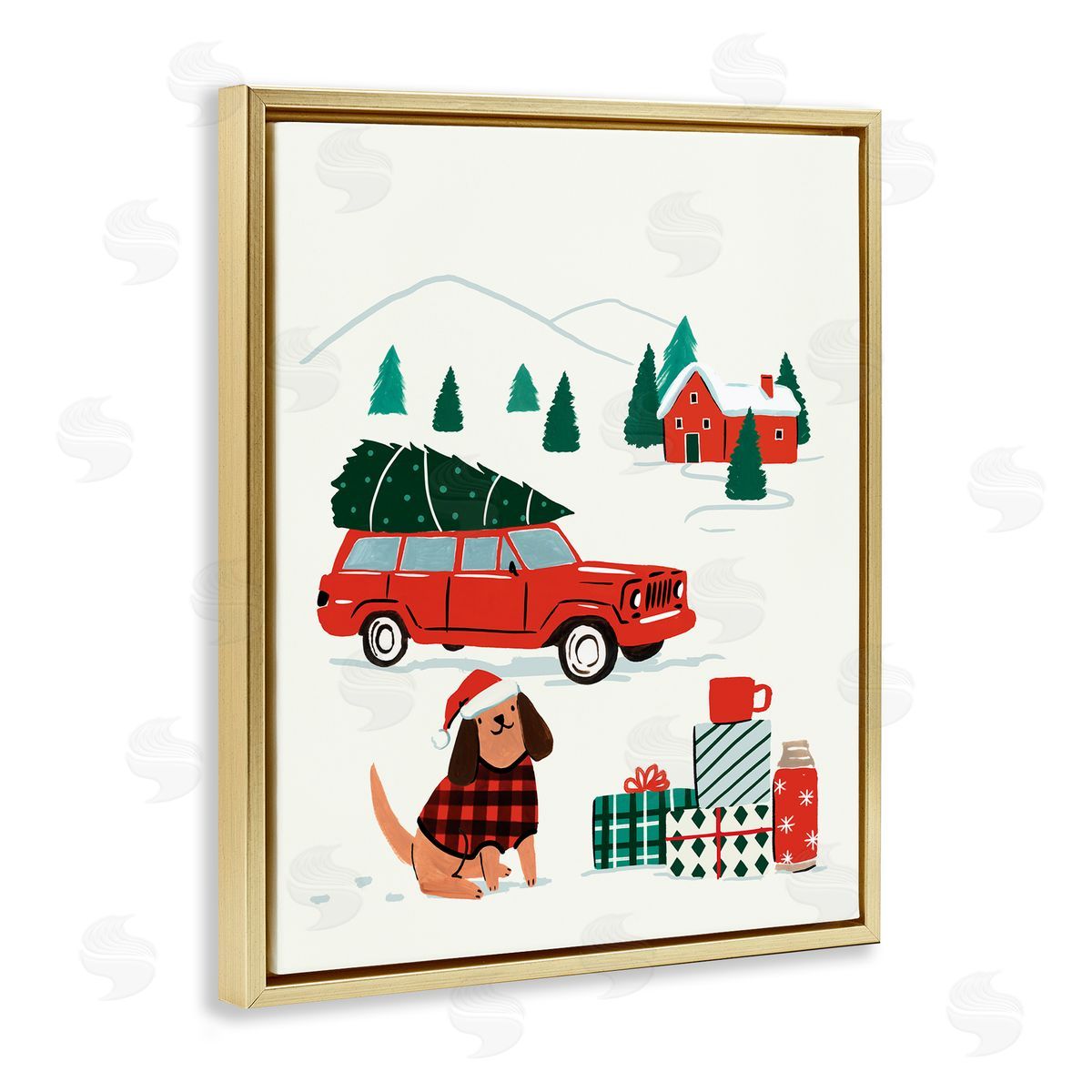 Victoria Barnes Vintage Red Car Christmas Festive Santa Dog Gold Floater Frame Canvas Art