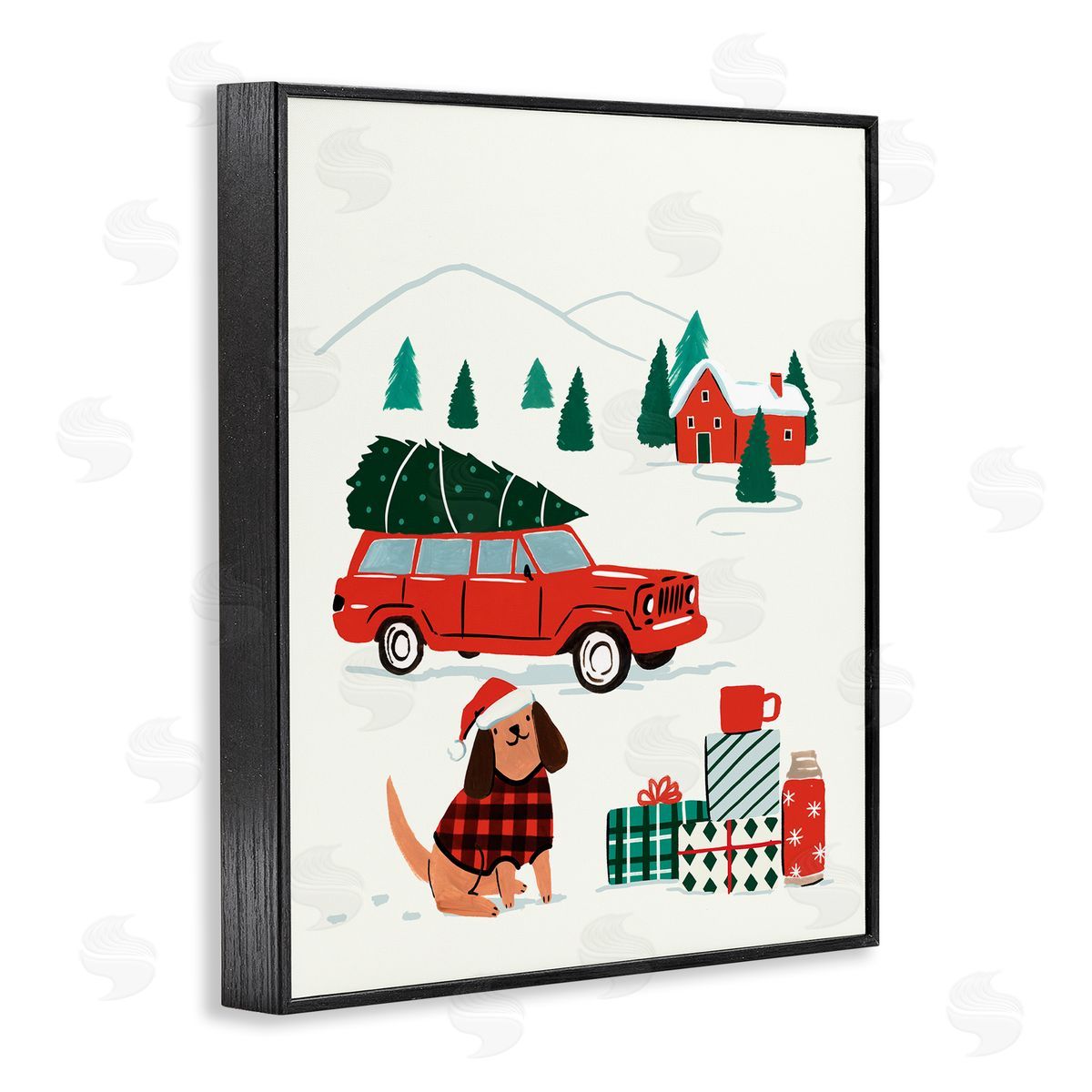 Victoria Barnes Vintage Red Car Christmas Festive Santa Dog Black Framed Giclee Wall Art