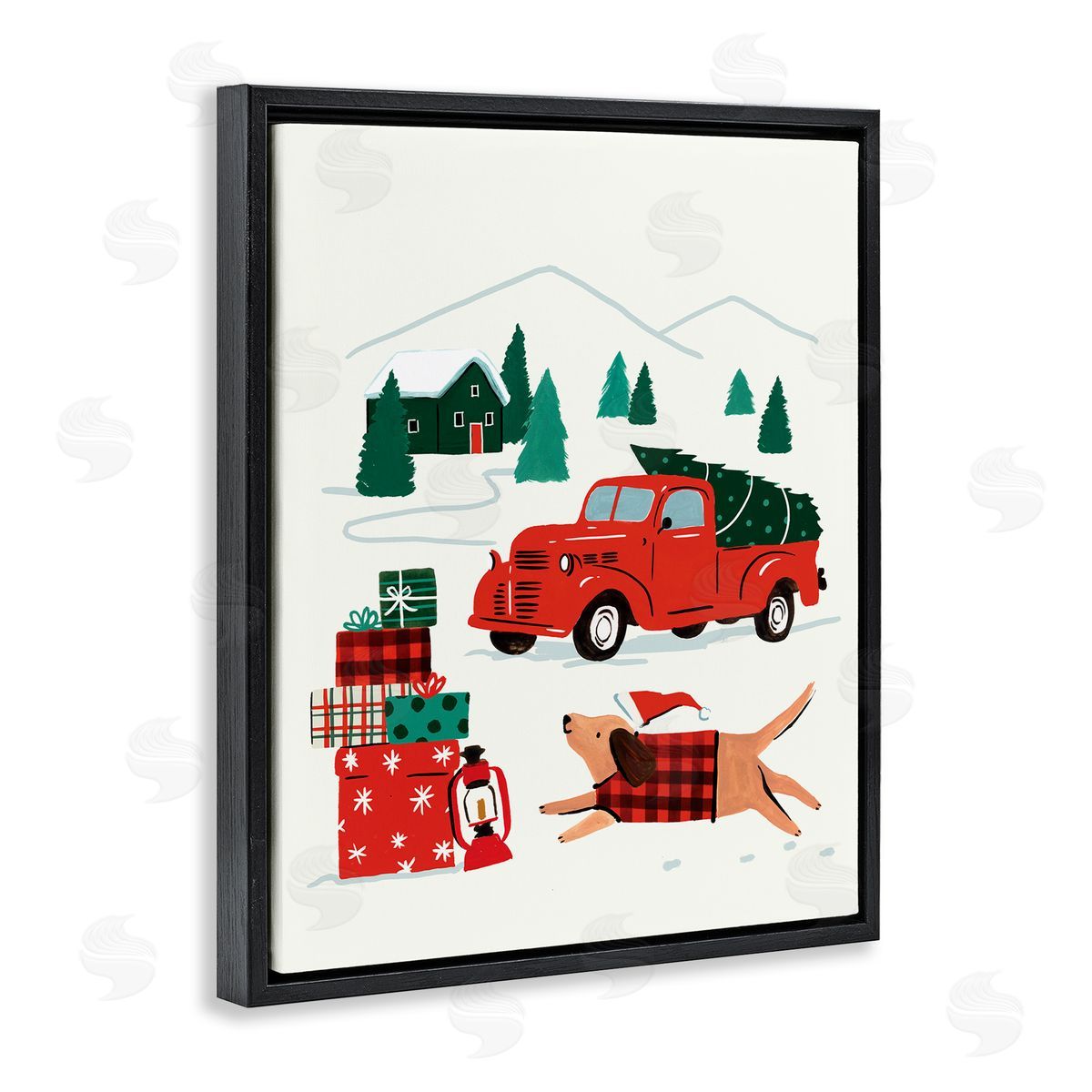 Victoria Barnes Retro Christmas Cottage Landscape Festive Dog Hat Black Floater Frame Canvas Art