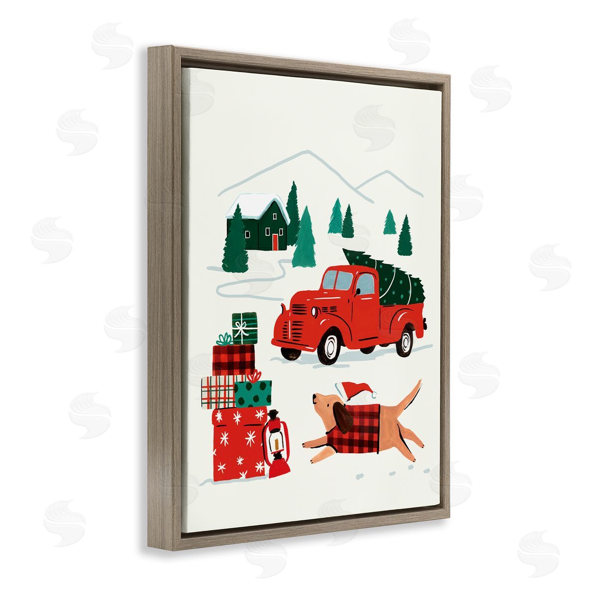 Victoria Barnes Retro Christmas Cottage Landscape Festive Dog Hat Brown Floater Frame Canvas Art