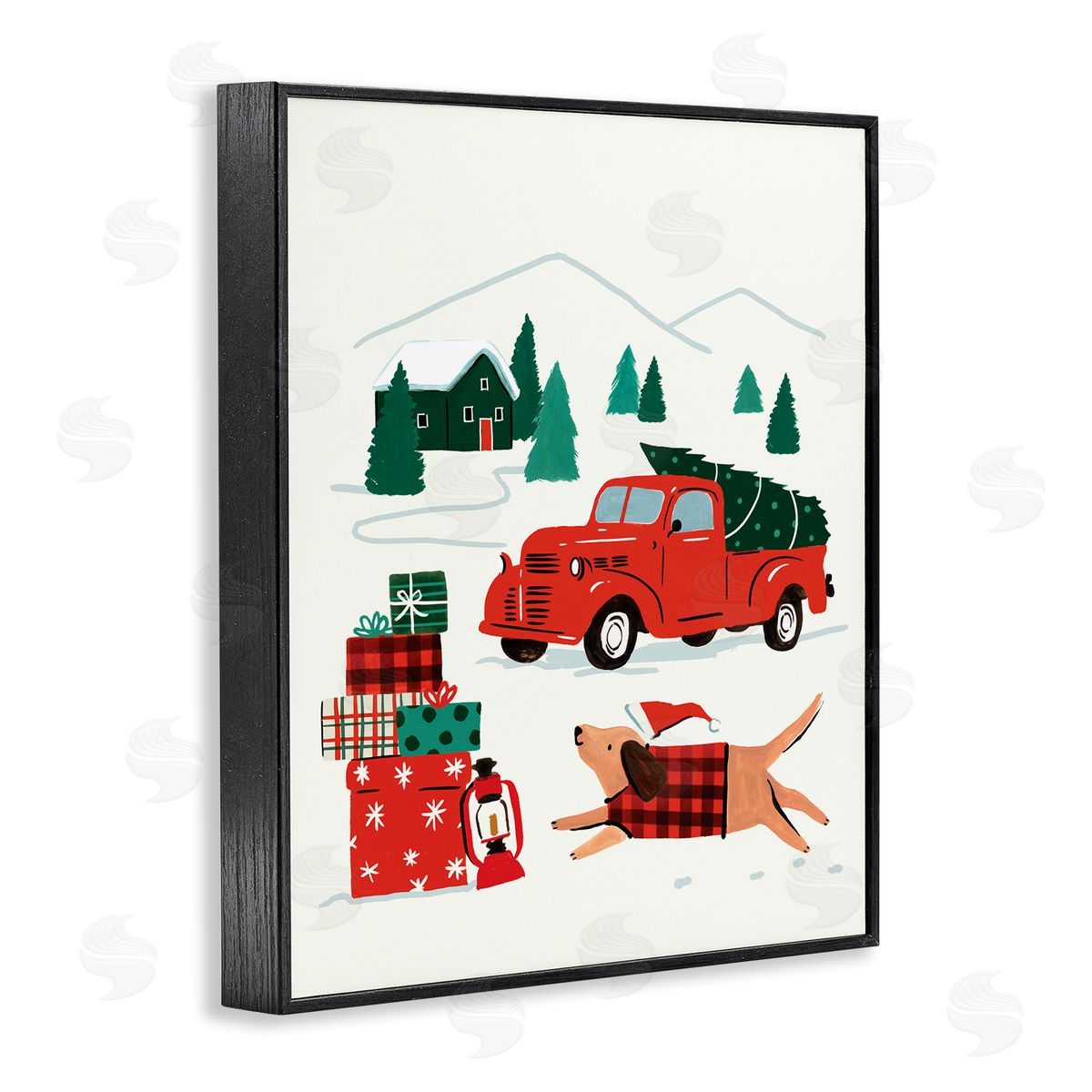 Victoria Barnes Retro Christmas Cottage Landscape Festive Dog Hat Black Framed Giclee Wall Art