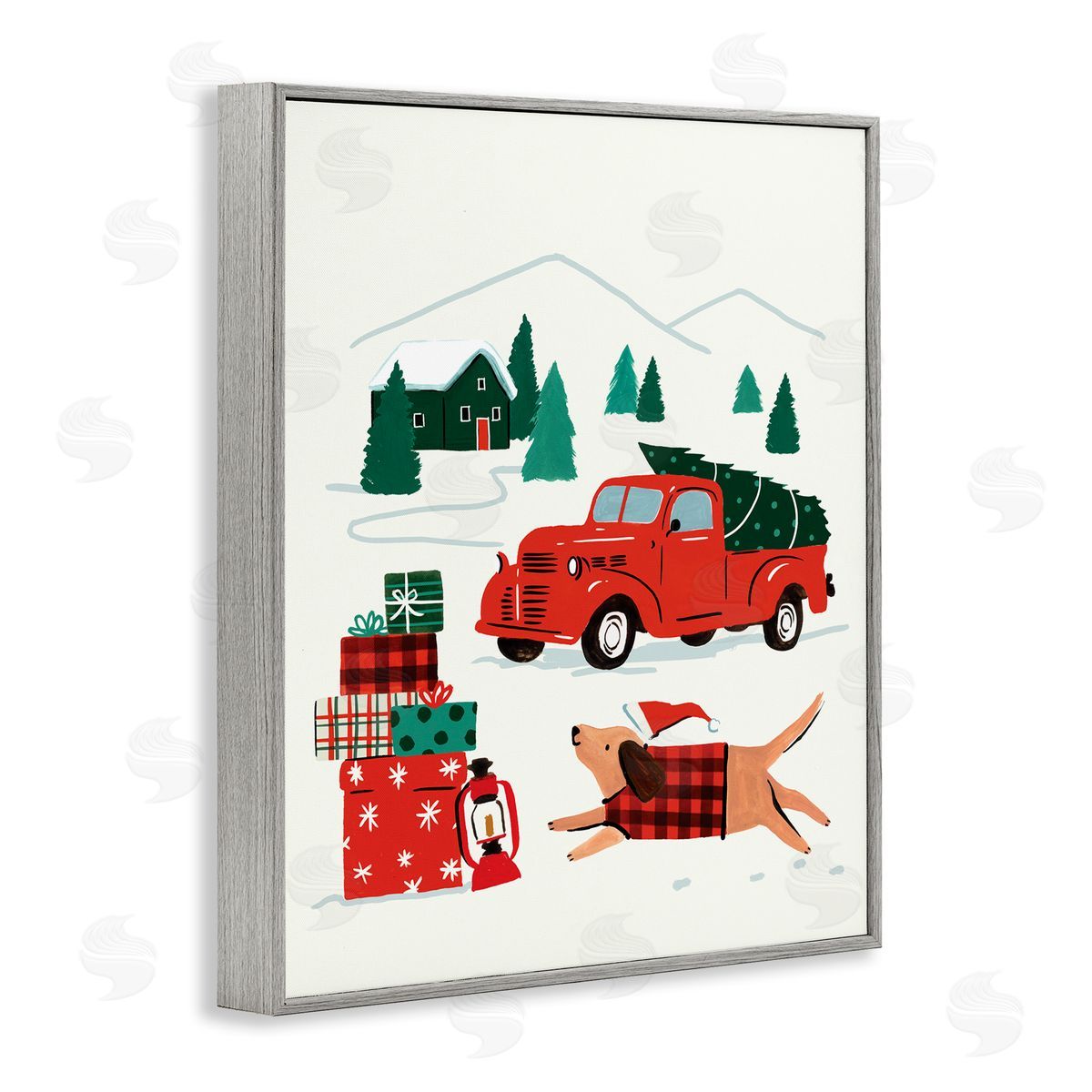 Victoria Barnes Retro Christmas Cottage Landscape Festive Dog Hat Gray Framed Giclee Wall Art