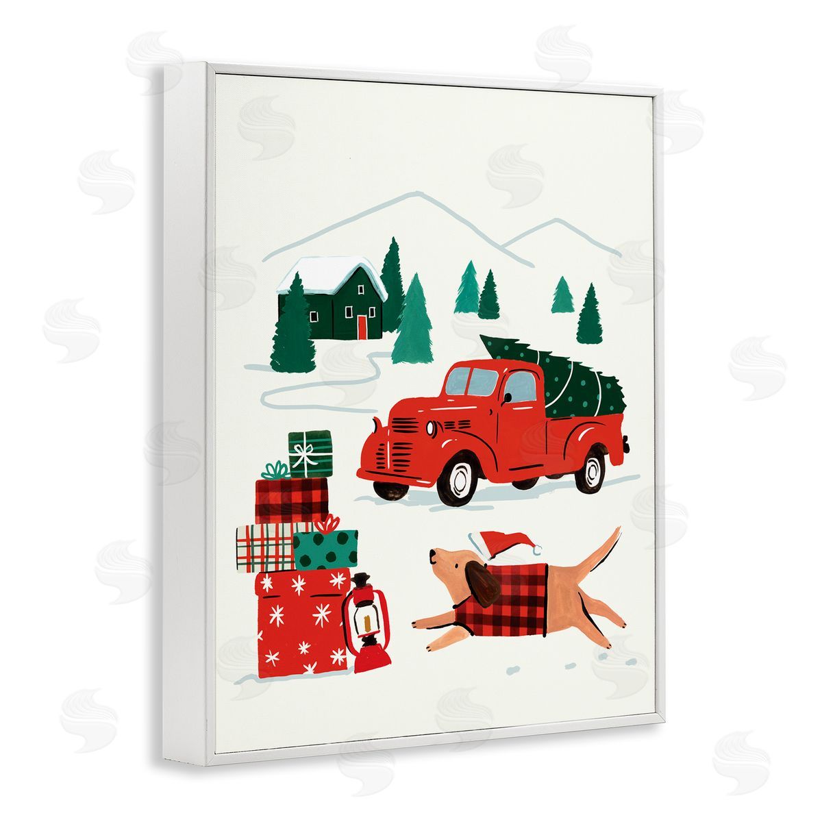 Victoria Barnes Retro Christmas Cottage Landscape Festive Dog Hat White Framed Giclee Wall Art