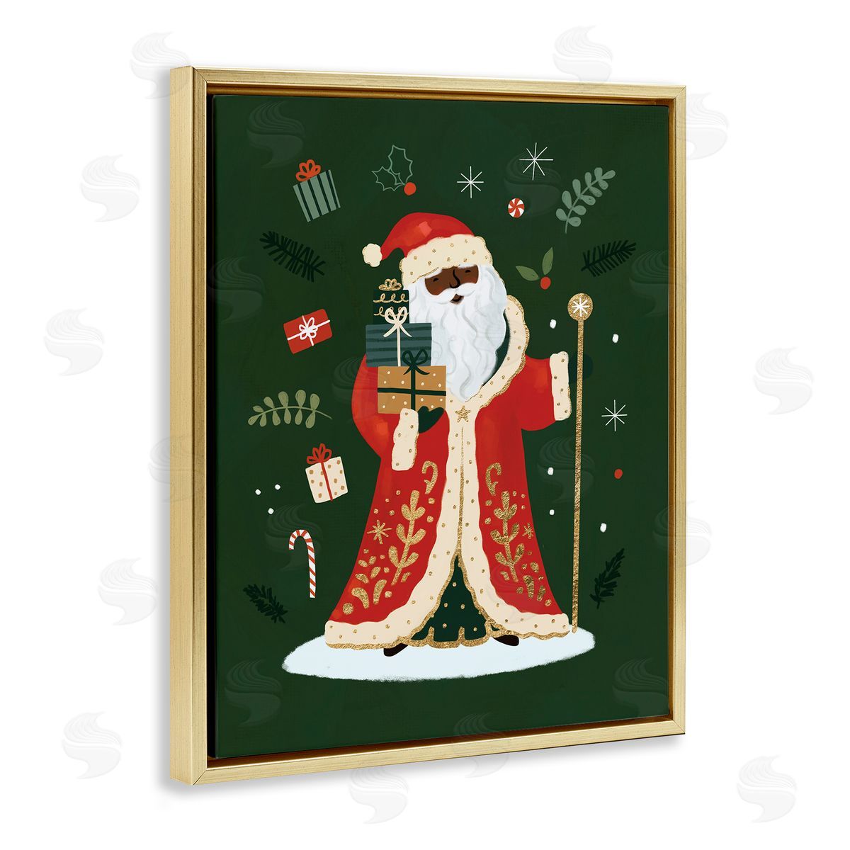 Victoria Barnes Festive St. Nick Green Christmas Winter Holiday  Gold Floater Frame Canvas Art