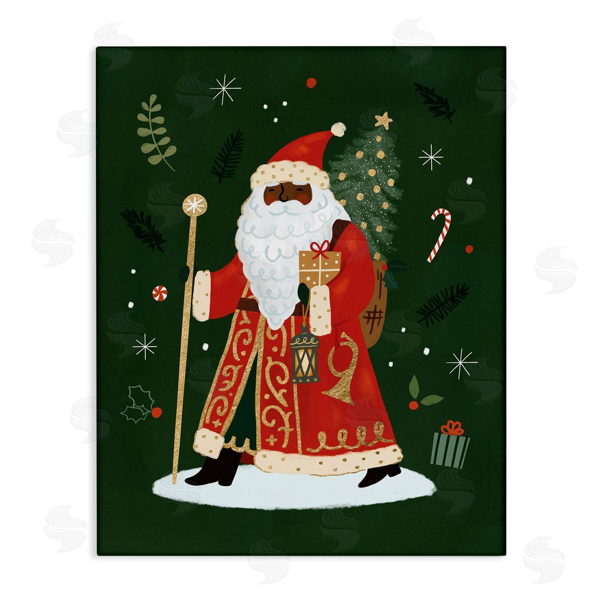 Victoria Barnes Festive Santa Claus Figure Green Christmas Holiday Canvas Wall Art