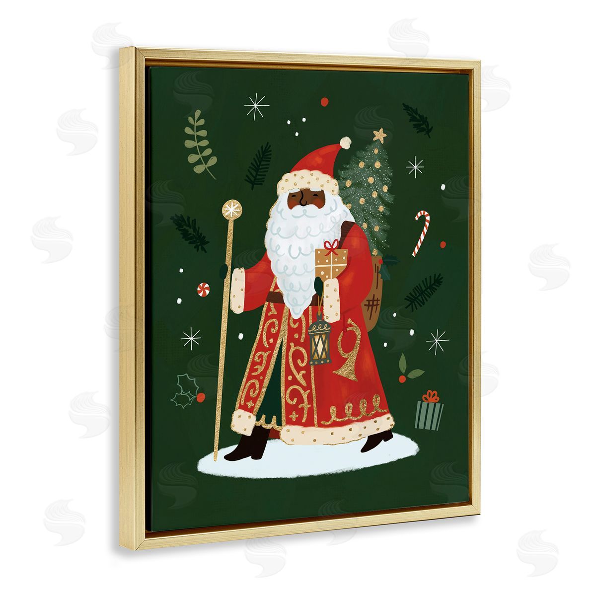 Victoria Barnes Festive Santa Claus Figure Green Christmas Holiday Gold Floater Frame Canvas Art