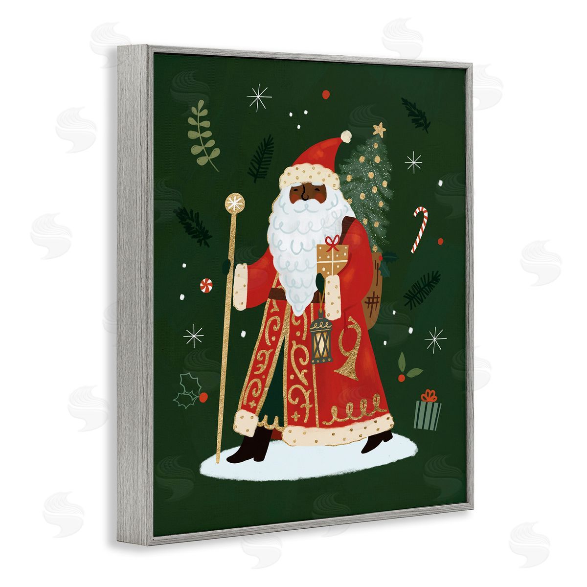 Victoria Barnes Festive Santa Claus Figure Green Christmas Holiday Gray Framed Giclee Wall Art