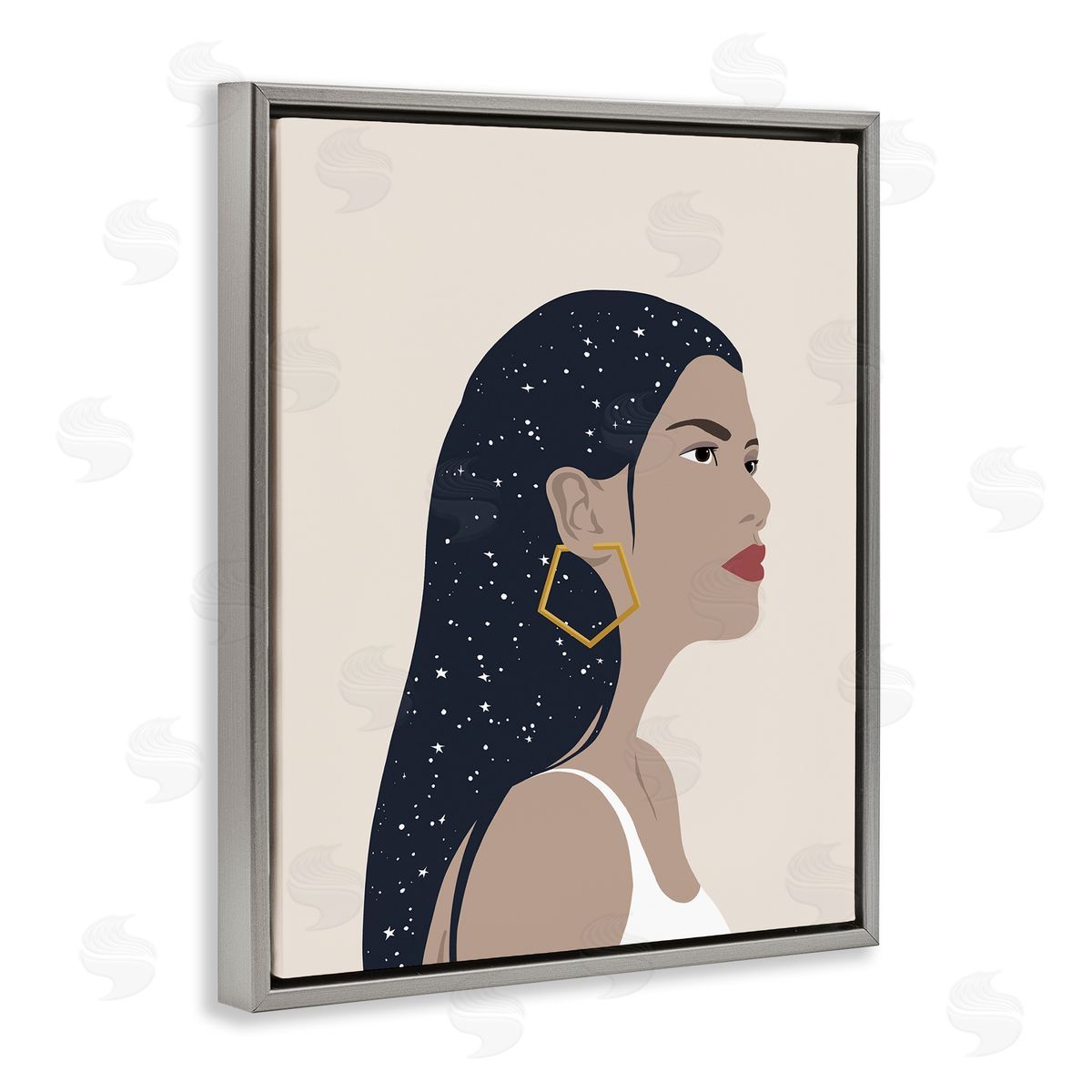 Annie Warren Female With Earring Abstract Star Constellation Hair Gray Floater Frame Canvas Art