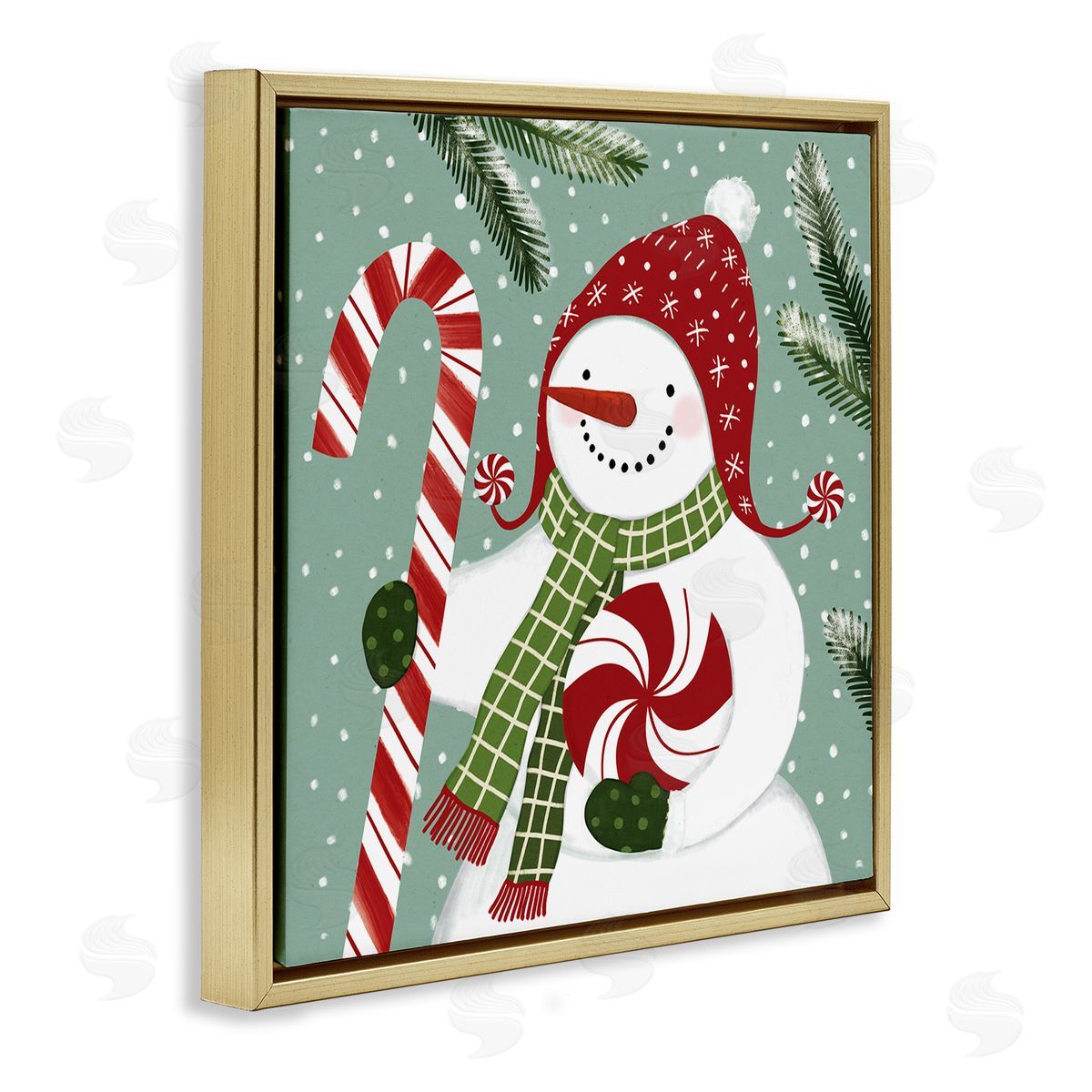 Victoria Barnes Peppermint Candy Snowman Green Winter Forest Gold Floater Frame Canvas Art