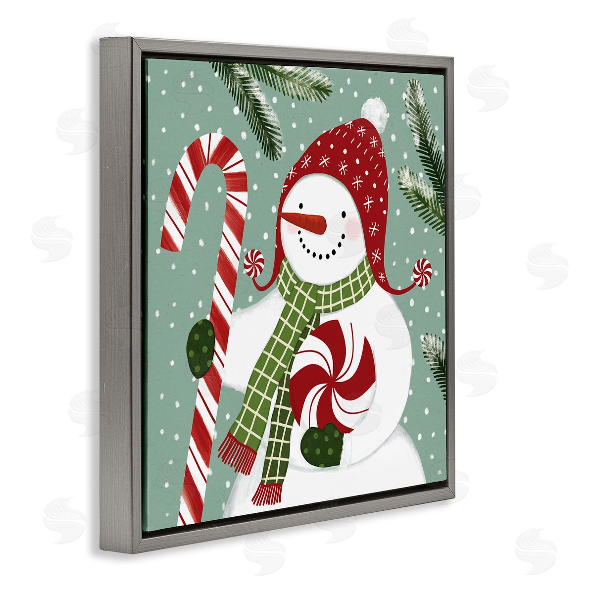 Victoria Barnes Peppermint Candy Snowman Green Winter Forest Gray Floater Frame Canvas Art