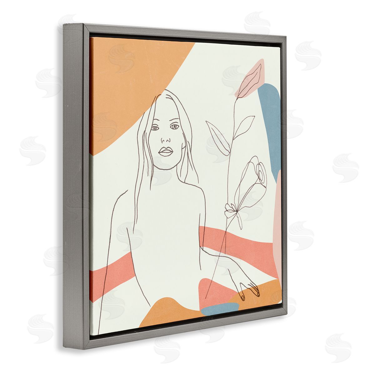 Melissa Wang Female Figure Study Blooming Floral Pastel Shapes Gray Floater Frame Canvas Art