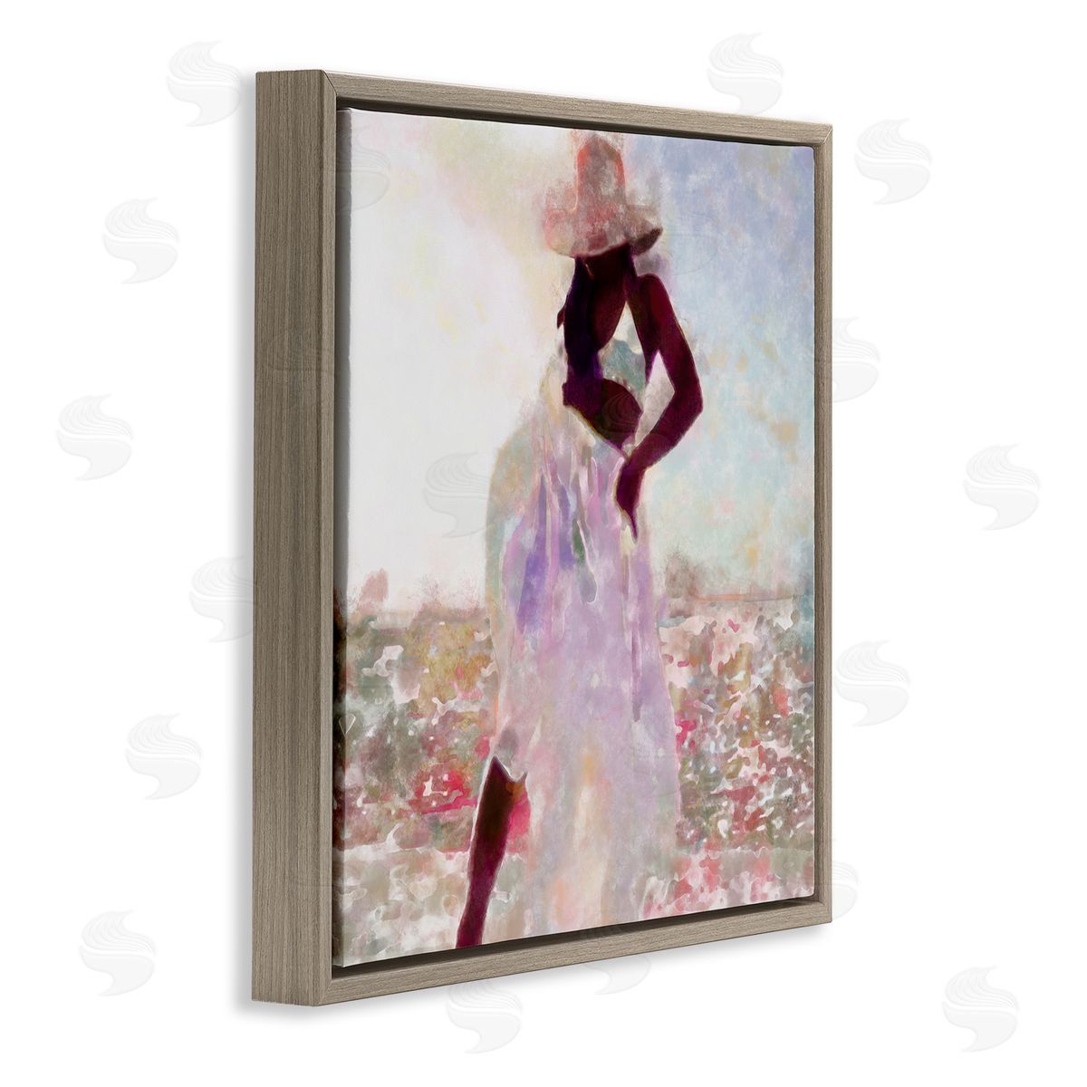 Alonzo Saunders Fashion Style Female Dancing in Floral Field Brown Floater Frame Canvas Art