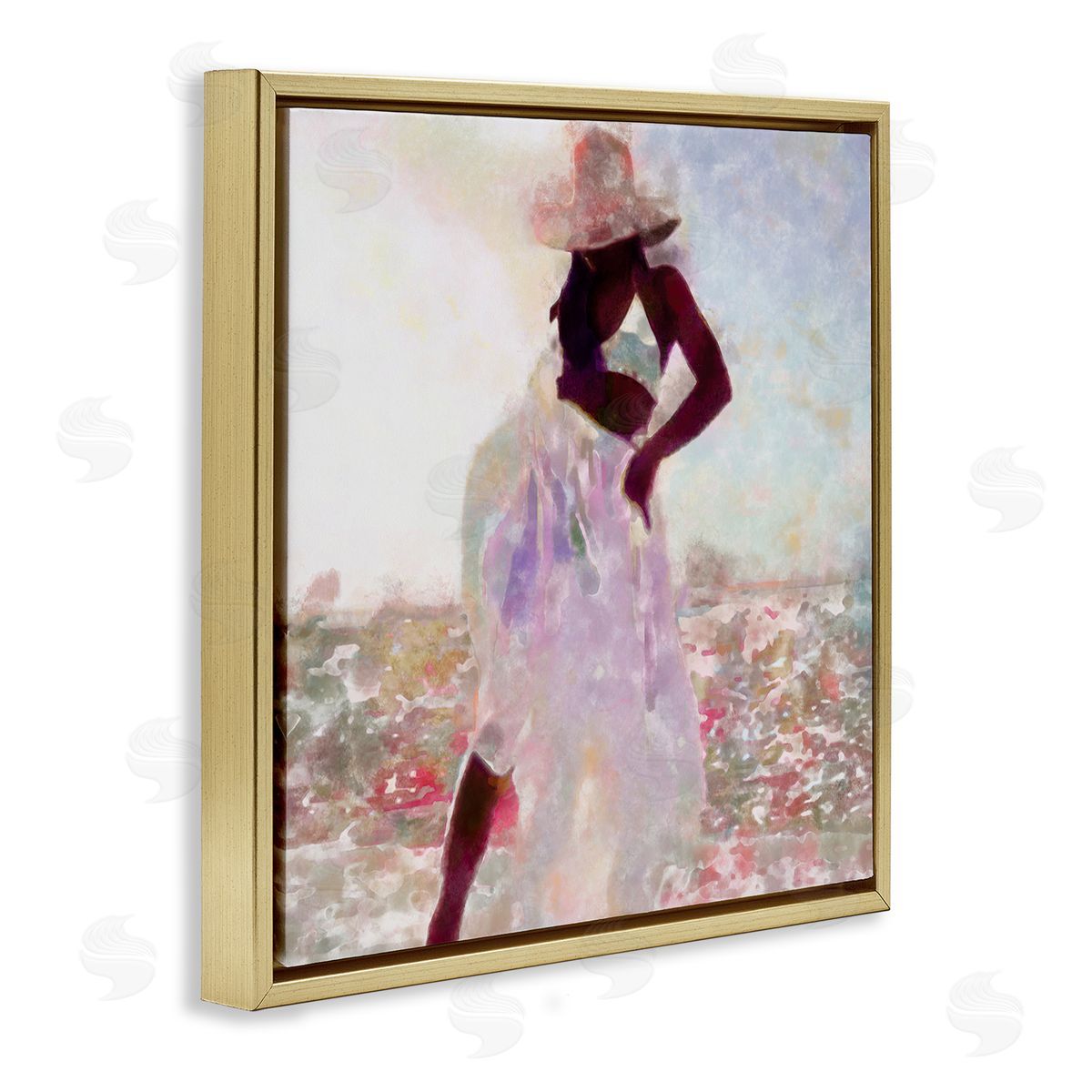 Alonzo Saunders Fashion Style Female Dancing in Floral Field Gold Floater Frame Canvas Art