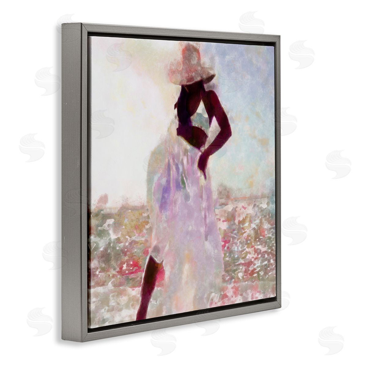 Alonzo Saunders Fashion Style Female Dancing in Floral Field Gray Floater Frame Canvas Art
