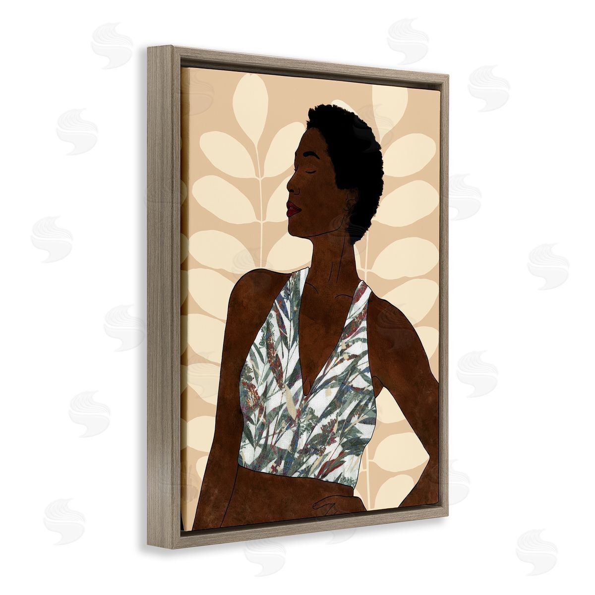 Alonzo Saunders Beautiful Female Portrait Intricate Forest Pattern Brown Floater Frame Canvas Art