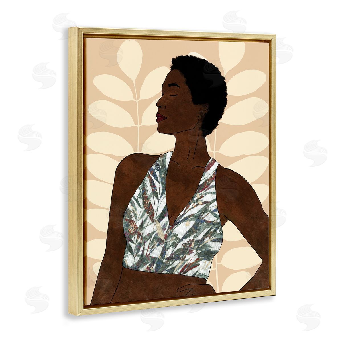 Alonzo Saunders Beautiful Female Portrait Intricate Forest Pattern Gold Floater Frame Canvas Art