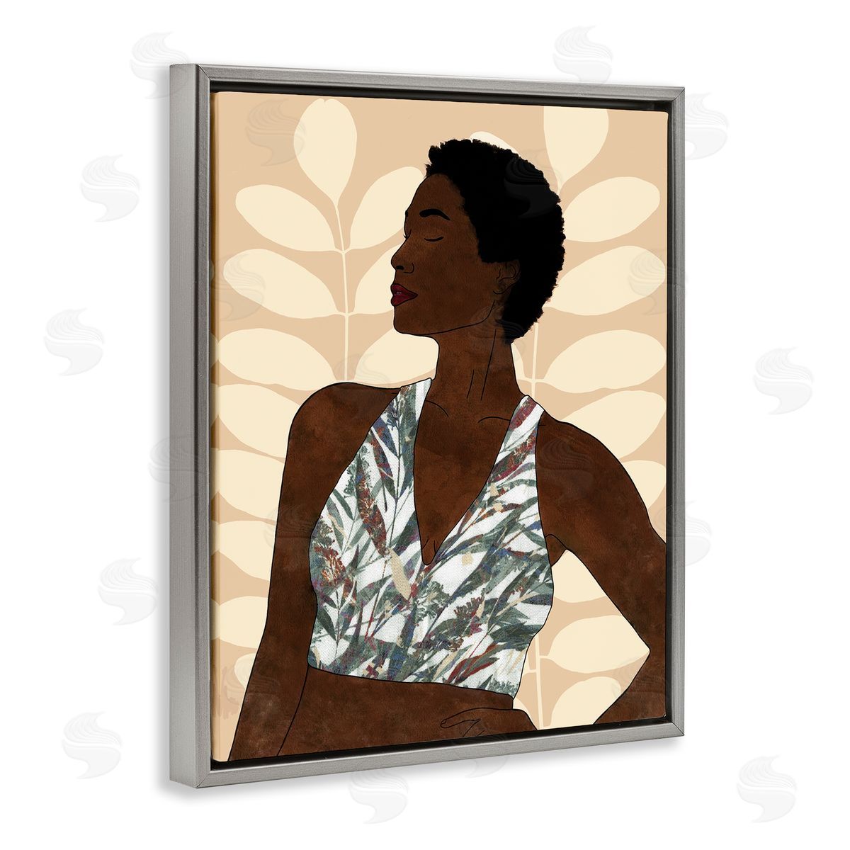 Alonzo Saunders Beautiful Female Portrait Intricate Forest Pattern Gray Floater Frame Canvas Art