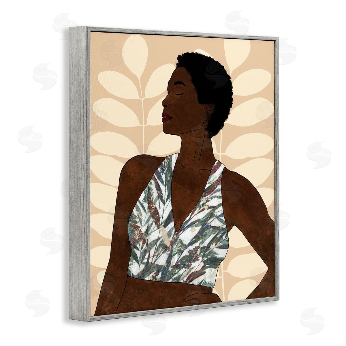 Alonzo Saunders Beautiful Female Portrait Intricate Forest Pattern Gray Framed Giclee Wall Art