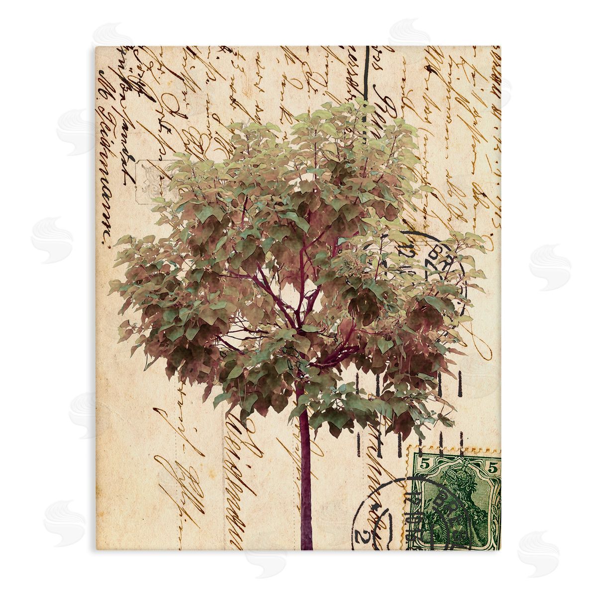 Alonzo Saunders Vintage Postal Script Note Red Root Tree Canvas Wall Art
