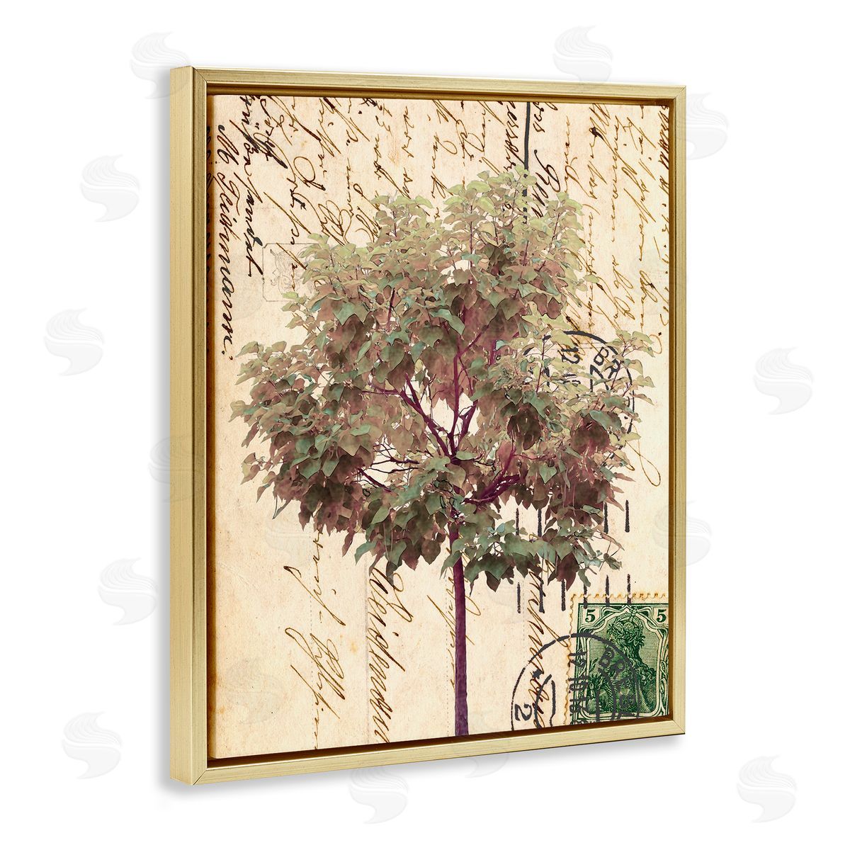 Alonzo Saunders Vintage Postal Script Note Red Root Tree Gold Floater Frame Canvas Art