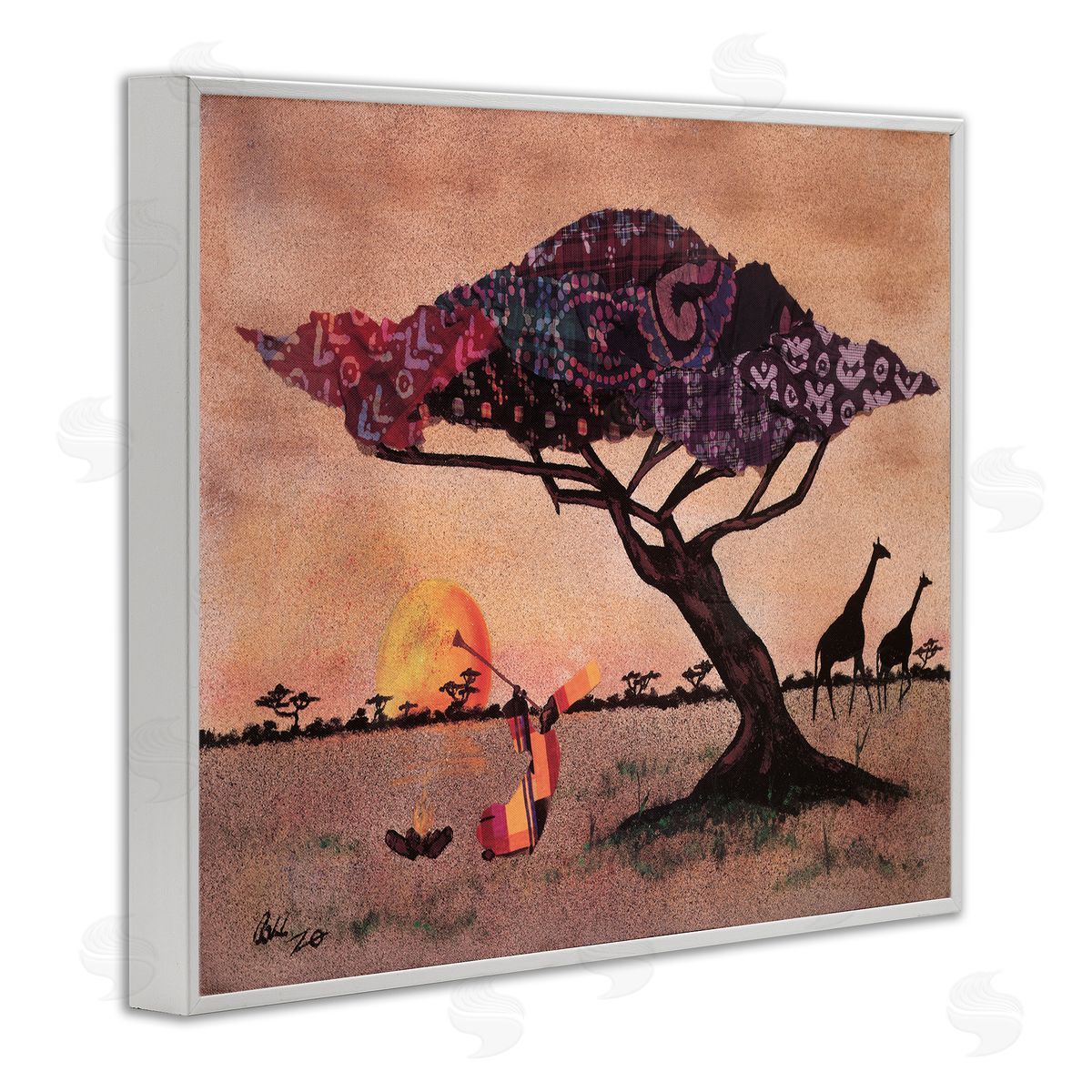 Alonzo Saunders African Sunrise Safari Landscape Man Playing Trumpet White Framed Giclee Wall Art