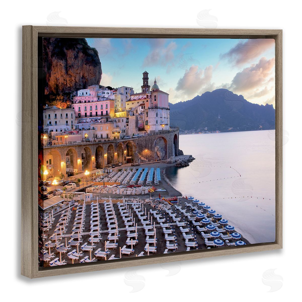 Alan Blaustein Coastal Italian Beach Seaside Resort Cityscape Brown Floater Frame Canvas Art