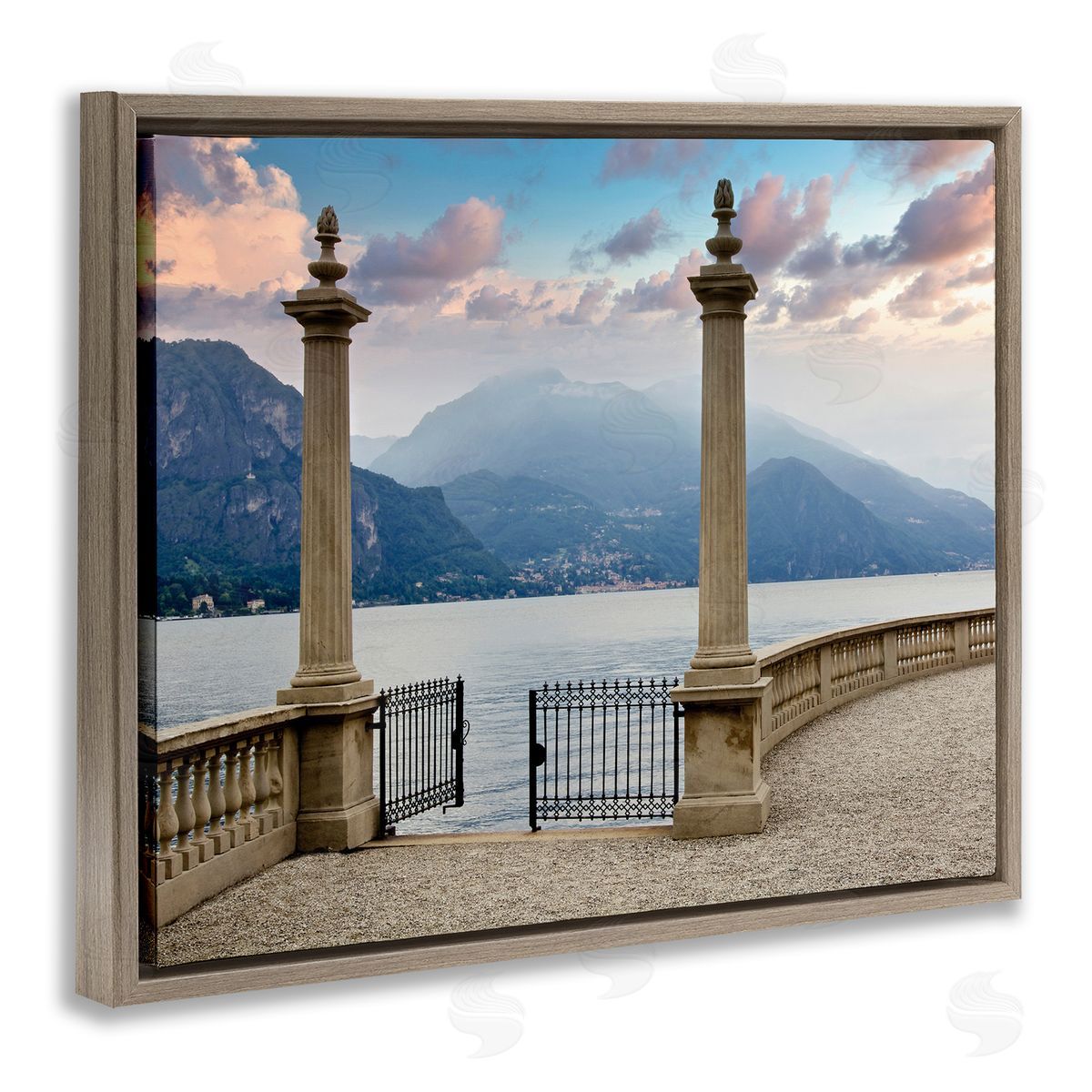 Alan Blaustein Mountain Lake Landscape Italian Column Architecture Brown Floater Frame Canvas Art