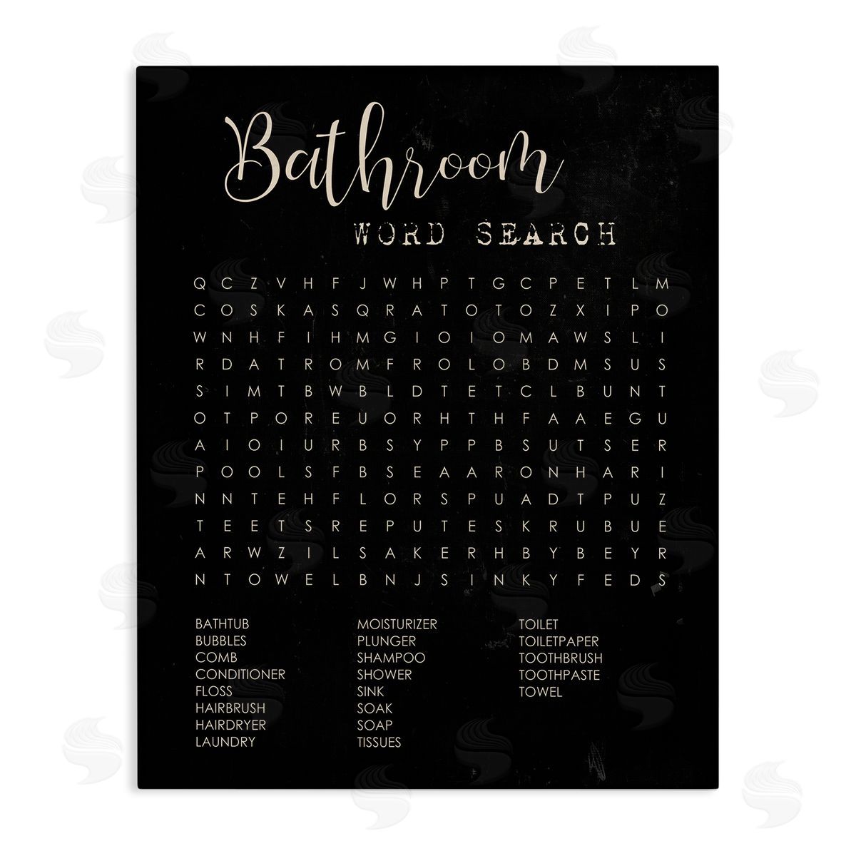 Stupell Studio Bathroom Word Search Activity over Distressed Black Canvas Wall Art