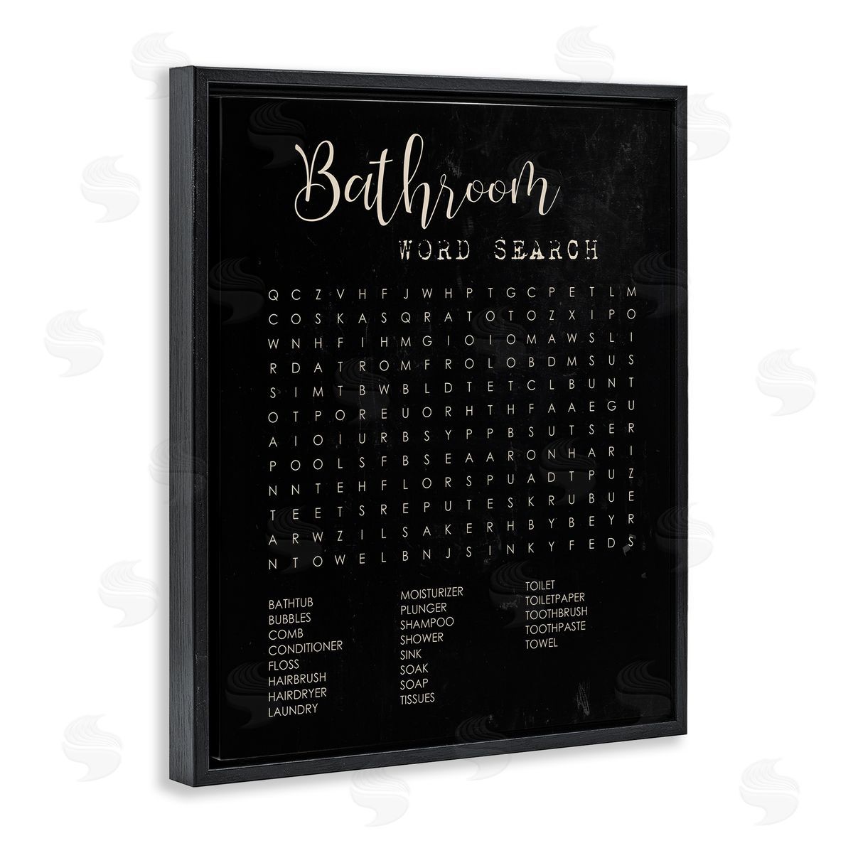 Stupell Studio Bathroom Word Search Activity over Distressed Black Black Floater Frame Canvas Art