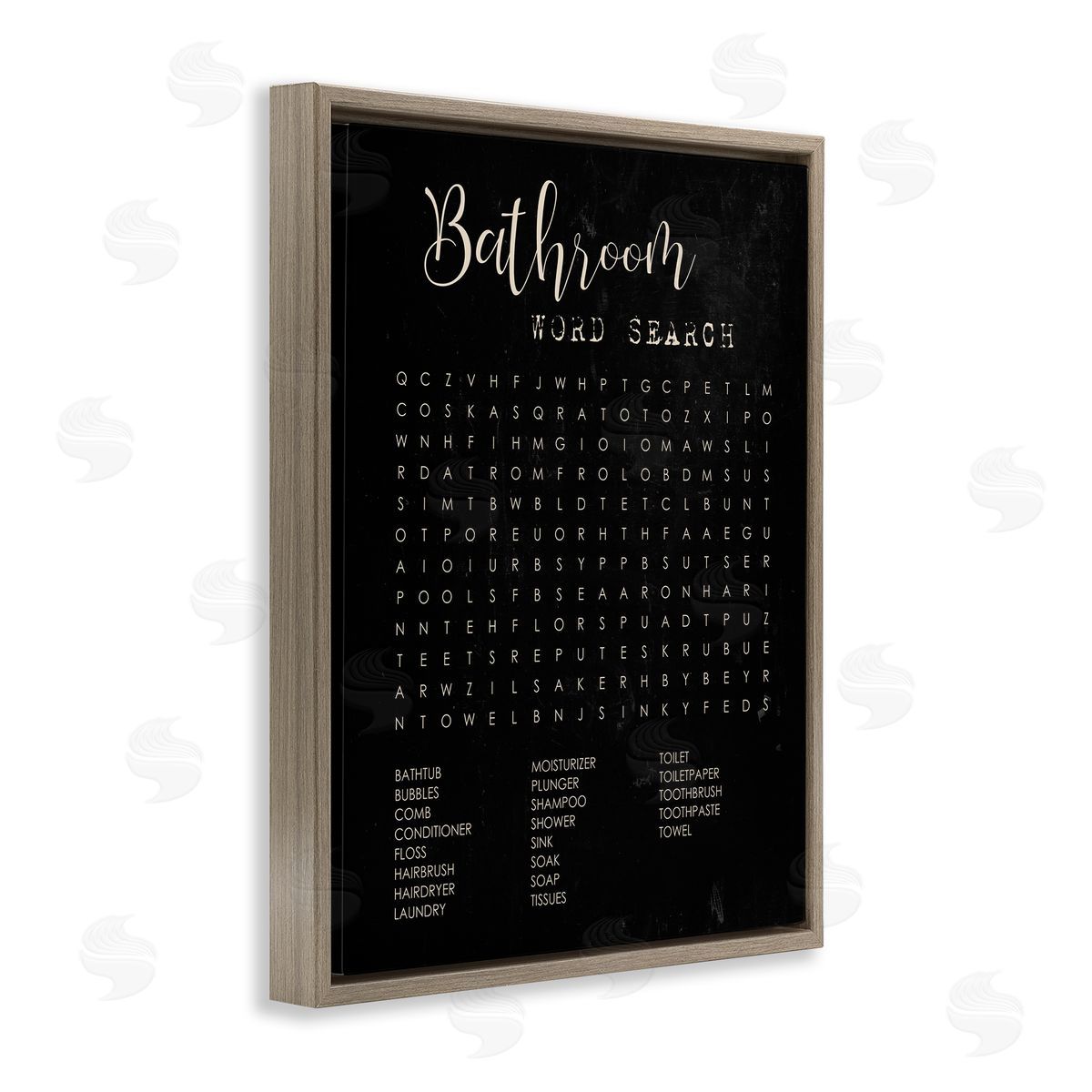 Stupell Studio Bathroom Word Search Activity over Distressed Black Brown Floater Frame Canvas Art