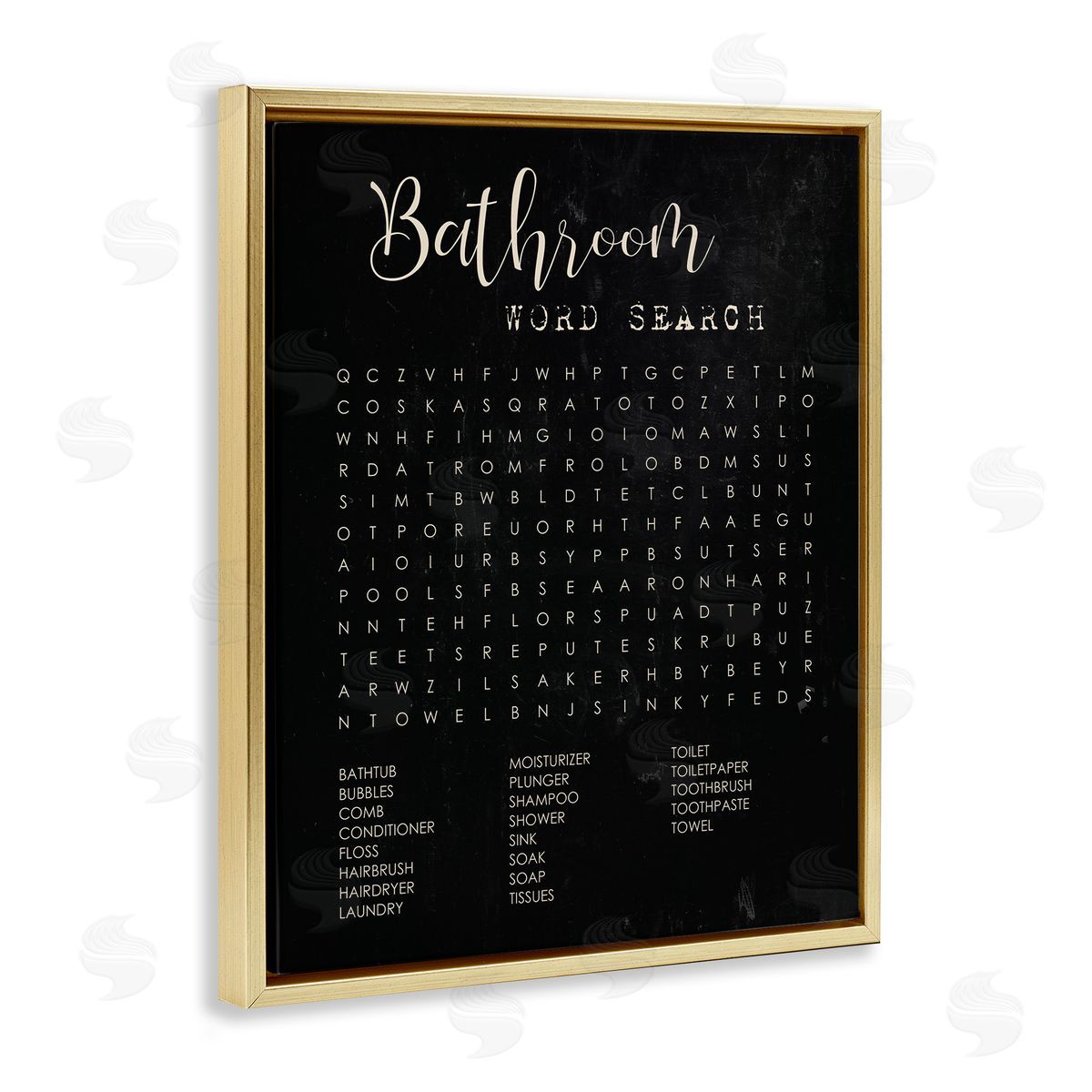 Stupell Studio Bathroom Word Search Activity over Distressed Black Gold Floater Frame Canvas Art