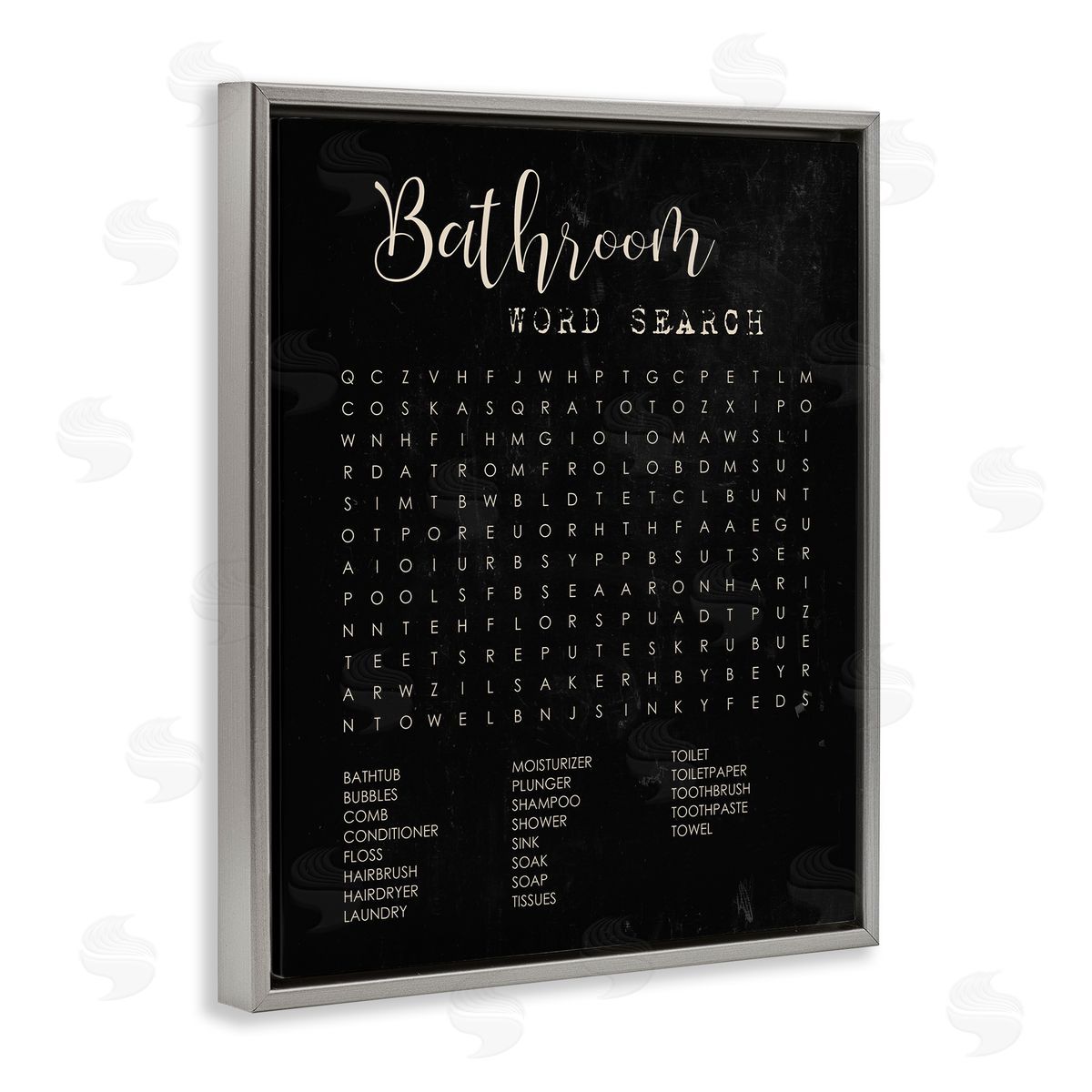 Stupell Studio Bathroom Word Search Activity over Distressed Black Gray Floater Frame Canvas Art