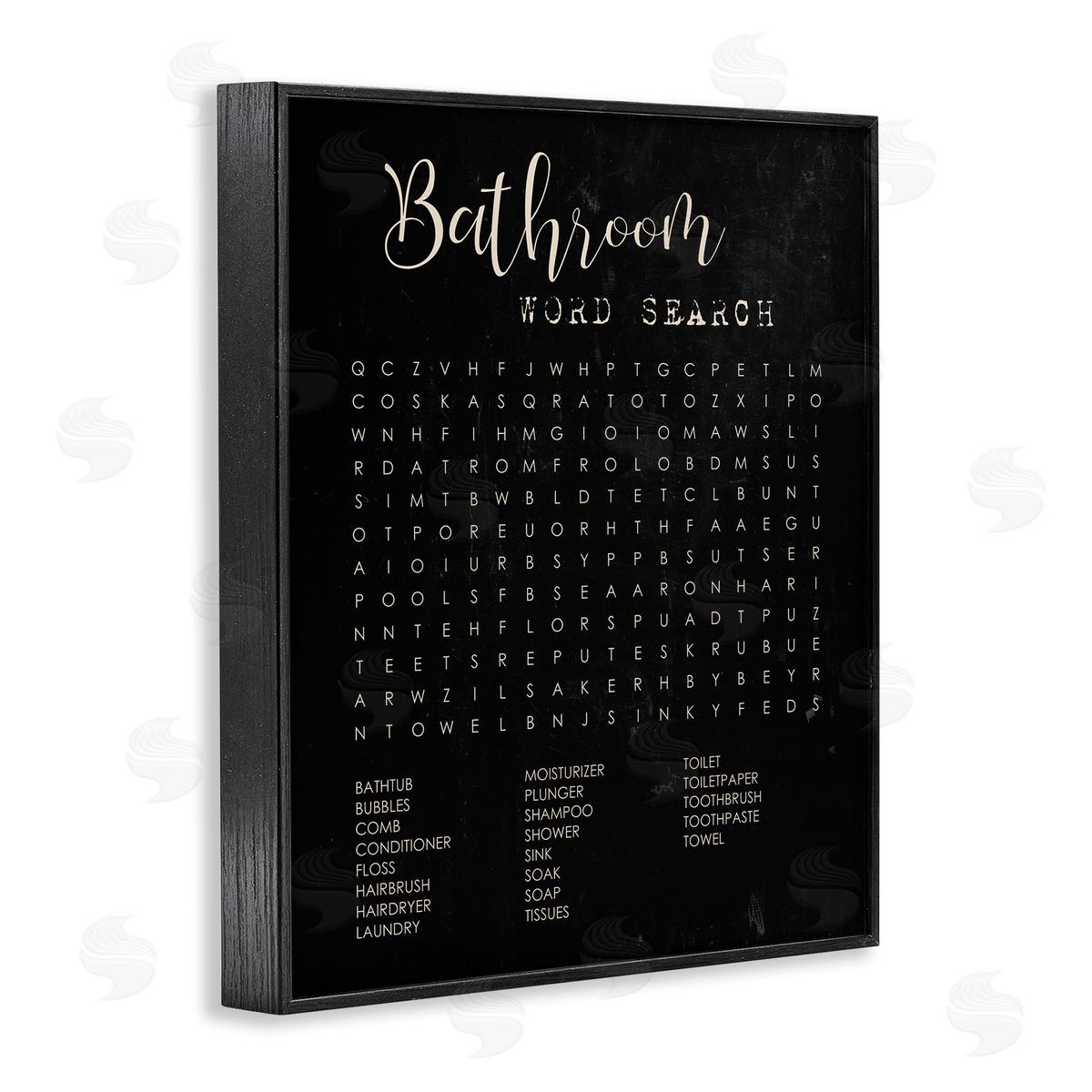 Stupell Studio Bathroom Word Search Activity over Distressed Black Black Framed Giclee Wall Art