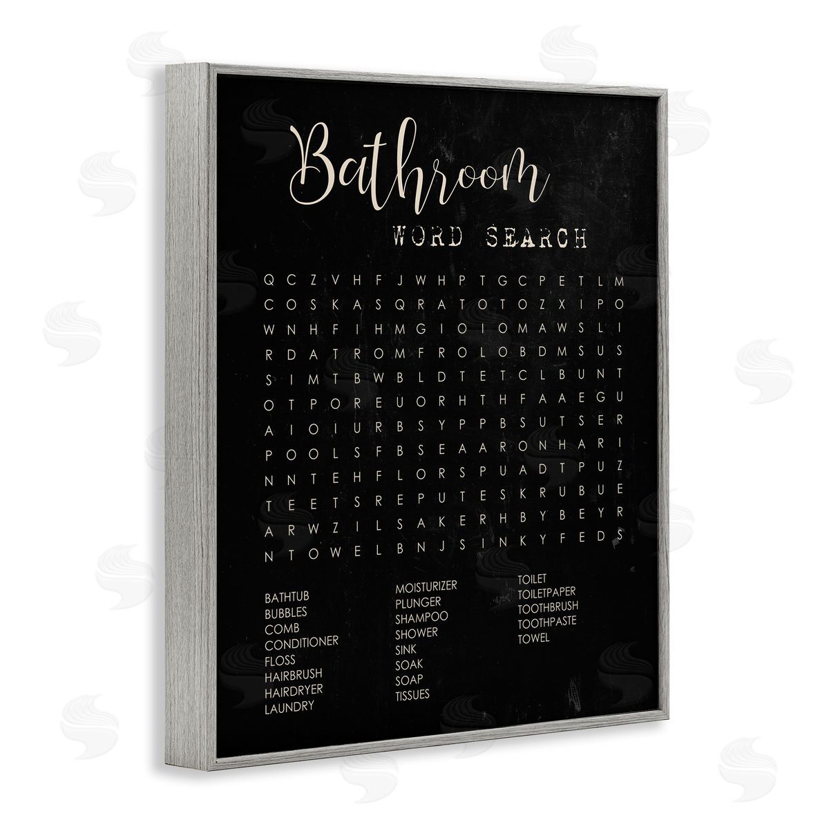 Stupell Studio Bathroom Word Search Activity over Distressed Black Gray Framed Giclee Wall Art